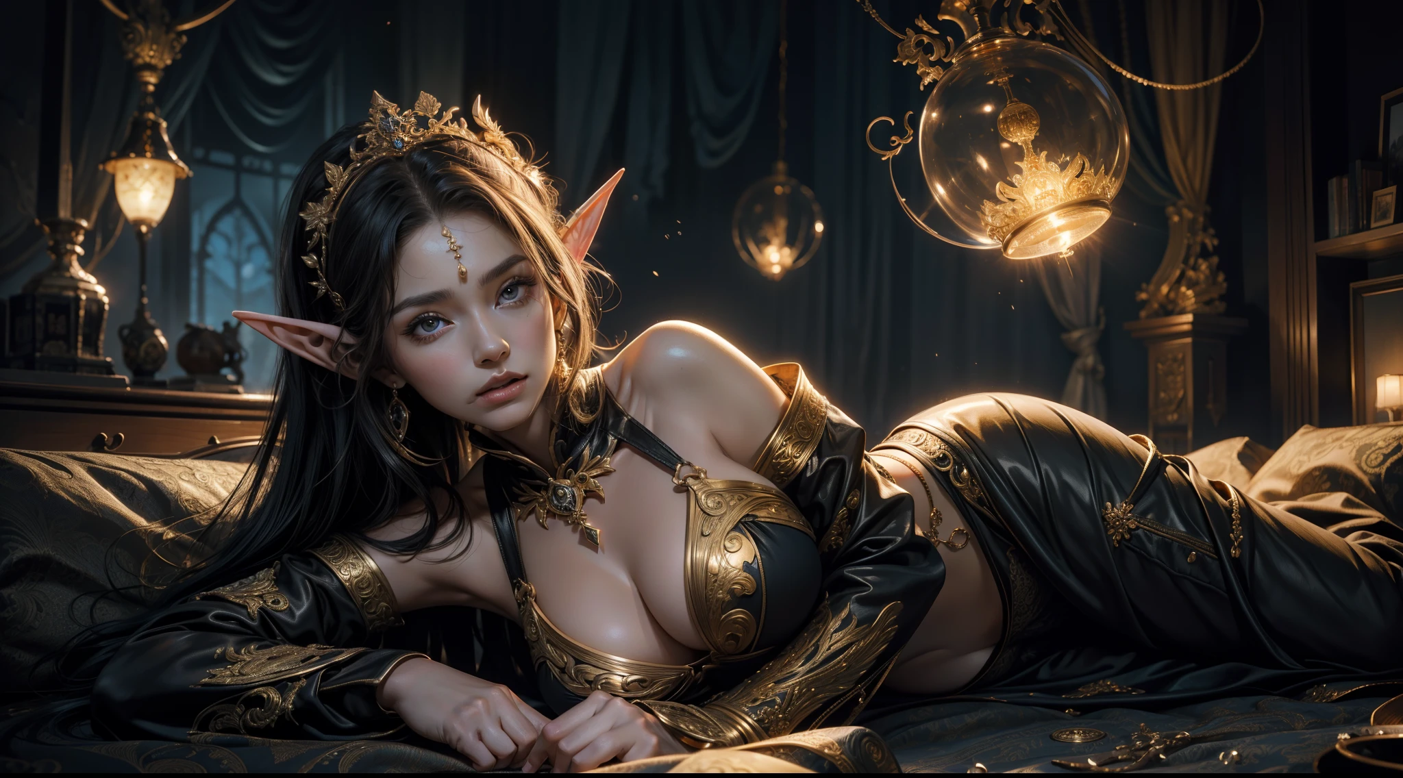 tmasterpiece,top-quality,best qualityer,offcial art,Beauty and aesthetics:1.2),(tmasterpiece:1.3), (8K, realisticlying, RAW photos, best qualtiy: 1.4), beauitful face, (photorealiscic face),超高分辨率, Ultra photo realsisim, highly detailed, the golden ratio, (Award-winning digital artwork:1.3) af (sketching:1.3),(with dynamism:1.3),(Saturation:1.3),(Close portrait:1.3),illusory engine, (High detail: 1.9),(femele:1.4),(big breasts beautiful: 1.4),(carismatic:1.3),Female elf,Large breasts,upperbody shots,dramatics,See-through Pajamas,The background is the castle,sexyposture