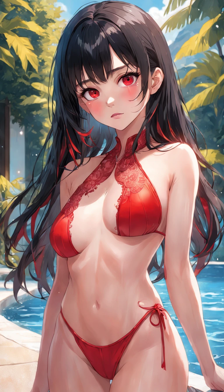 masterpiece, (ultra detailed background, delicate pattern, intricate detail), (highly detailed, fine details), best quality, beautiful lighting, 1girl, solo, Luna, black hair, lips, red eyes, long hair, blunt bangs, closed mouth, red lips, ((slim girl, medium breasts)), red bikini, red swimsuit, red bikini, outside, nature, pool, complex detailed background, blue sky, (cowboy shot),