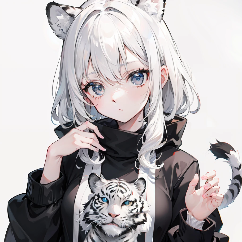 Milky white hair，Black and white white tiger fur sweater，A cute cute girl
