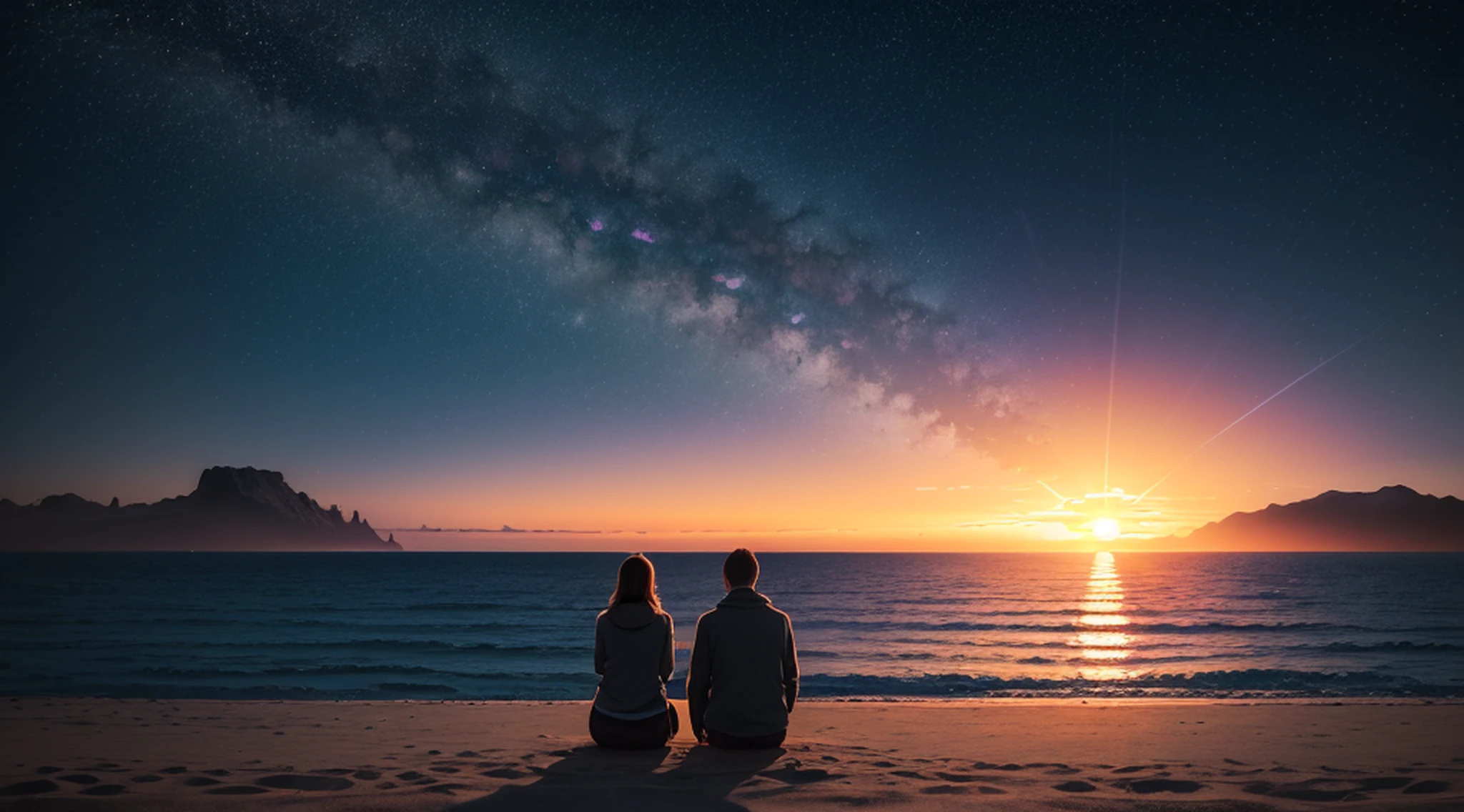 (Sunrise by the sea:1.5), A couple sitting by the sea, Many starlight, (ultra-detailed:1.5), 32k, cinematic angle, floating, (detailed light), beautifully detailed sky, starry sky, snow, (painting), (sketch), lifelike texture, Hires upscale: 1.7, Hires upscaler: 4x_NMKD-Siax_200k, Denoising strength: 0.45, (illustration), cinematic lighting, (bloom), silhouette, backlighting, drop shadow, Ultra-Wide Angle