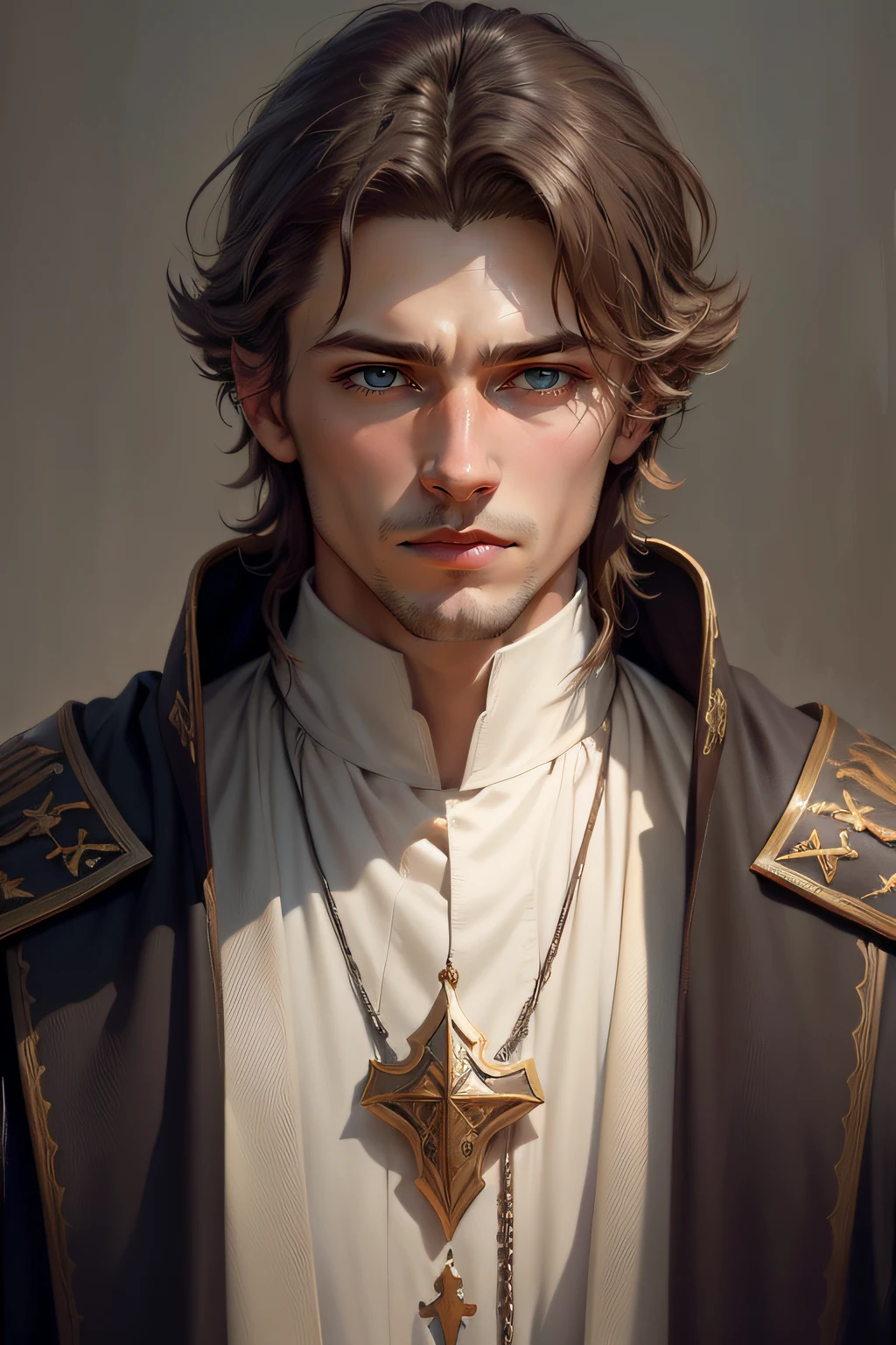High angle detail ((Portrait of a priest)), DND style,dungeons and dragons,Handsome , Young men,Holy,Clean face,(Oil painting:1.1),, Stunning, (((Sideways Look))), (muted natural colors:1.3) ,No beard