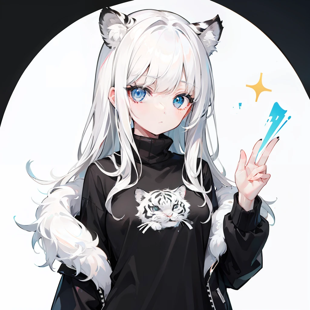 Milky white hair,Black and white white tiger fur sweater,A cute cute girl
