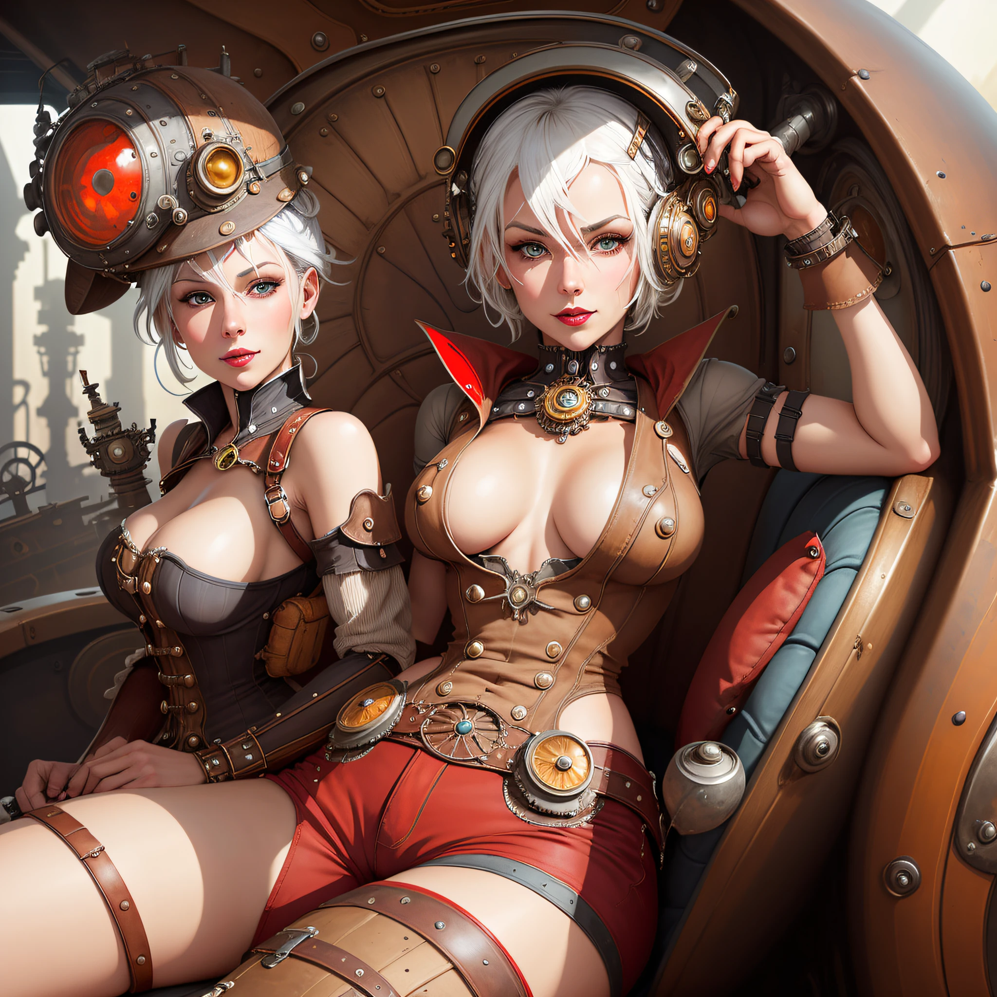 a woman sits in the steampunkai seat, helmet, white hair, red open short pants, pin-up pose, sexy, dominant, erotic,