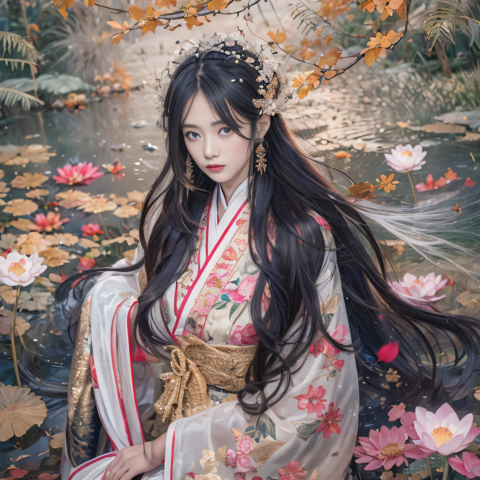 32K（tmasterpiece，k hd，hyper HD，32K）Long flowing black hair，ponds，zydink， a color，  Xuzhou people （Slightly drunk girls）， （Silk scarf）， Combat posture， looking at the ground， long whitr hair， Floating hair， Carp pattern headdress， Chinese long-sleeved clothing， （Abstract gouache splash：1.2）， Pink petal background，Pink and white lotus flowers fly（realisticlying：1.4），Black color hair，Fallen leaves flutter，The background is pure， A high resolution， the detail， RAW photogr， Sharp Re， Nikon D850 Film Stock Photo by Jefferies Lee 4 Kodak Portra 400 Camera F1.6 shots, Rich colors, ultra-realistic vivid textures, Dramatic lighting, Unreal Engine Art Station Trend, cinestir 800，Long flowing black hair，see-through transparent clothes