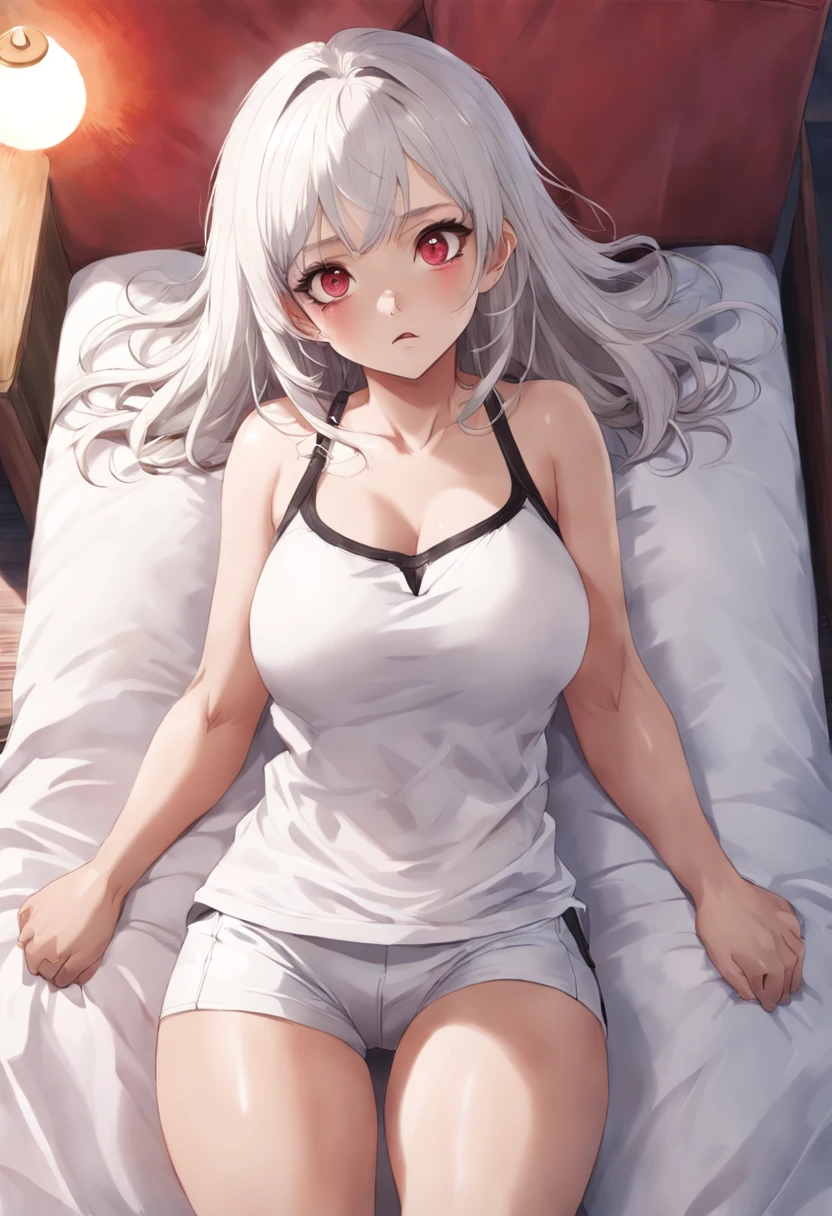 (Masterpiece, Photorealistic, high resolution), ((1girll):1.2), Korean, ((White wavy hair):1.3), (heterochromatic eyes:1.1, Thick eyebrows, small moles under eyes), (Loose white shirt, Red fitness shorts), ((Large of breast):1.2, enormous thigh), on top of the bed, Leather shorts, Cat ears