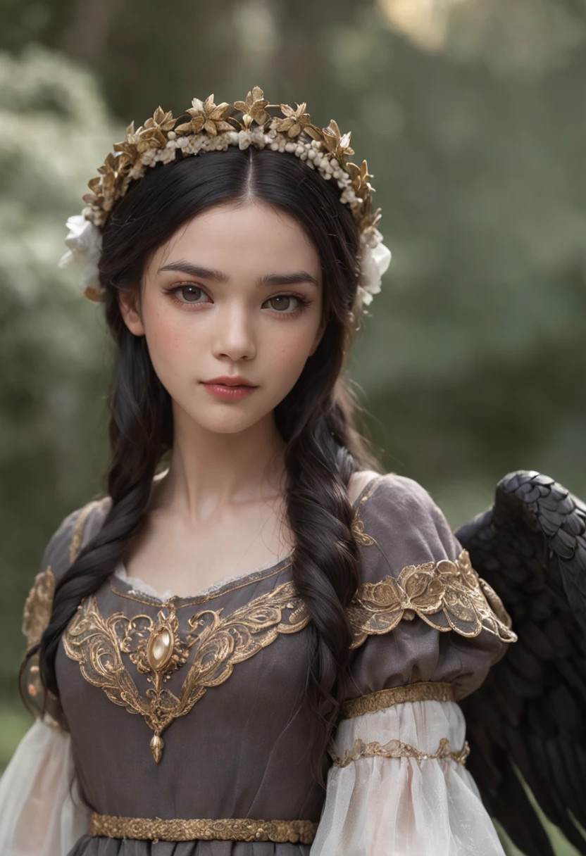 Beautiful girl with black hair,angelic,Wearing a colorful dress,There is a halo on the top of the head,French Braids,Very long wavy hair,Behind him there is only one wing,adolable,epic exquisite character art, Amazing characters,Medieval theme,Character Design Sheet,Character Emoji Design Table,Character Costume Design Sheet,(reference sheet:1.5),Tsunad_Senju