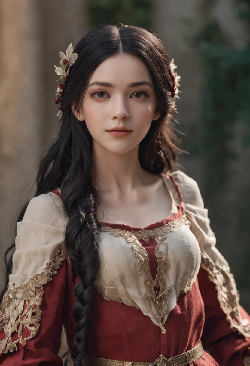 Beautiful girl with black hair，angelic，Wearing a colorful dress，There is a halo on the top of the head，French Braids，Very long wavy hair，Behind him there is only one wing，adolable，epic exquisite character art, Amazing characters，Medieval theme，Character Design Sheet，Character Emoji Design Table，Character Costume Design Sheet，（reference sheet：1.5）,Tsunad_Senju