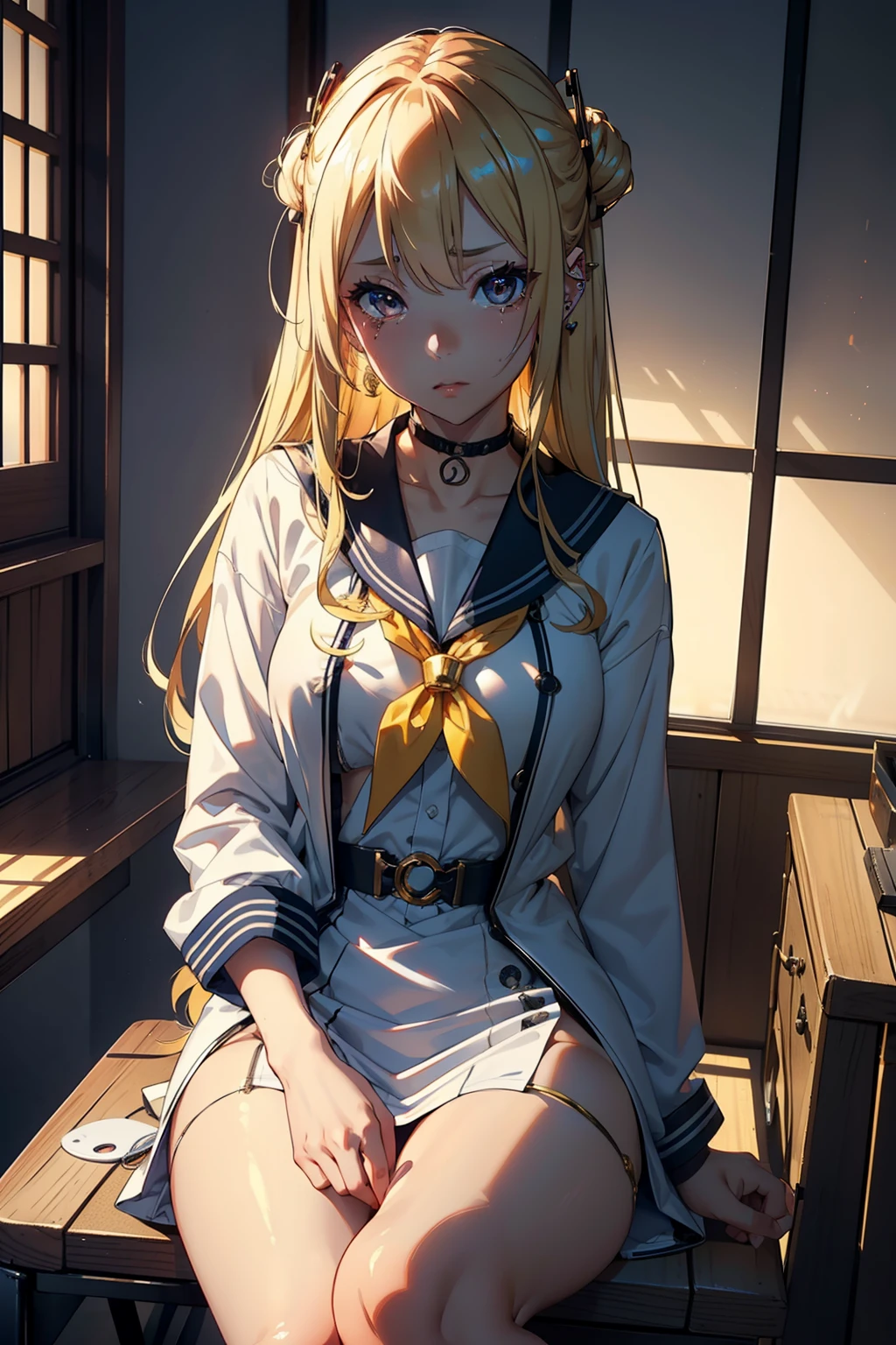 4D,beautiful a girl,(The 8k quality, Highly detailed, masutepiece, Ultra-detailed), Ray tracing,a blond,Gold Hair,Long hair,A Japanese Lady,a sailor suit,a miniskirt,Crying face,beautidful eyes,Work up a sweat、High detailed skin,Solo Focus, sitting at the desk、open one's legs、piercings、((Open)), Juice,(((Insert the electric vibrator inside you ))),NSFW