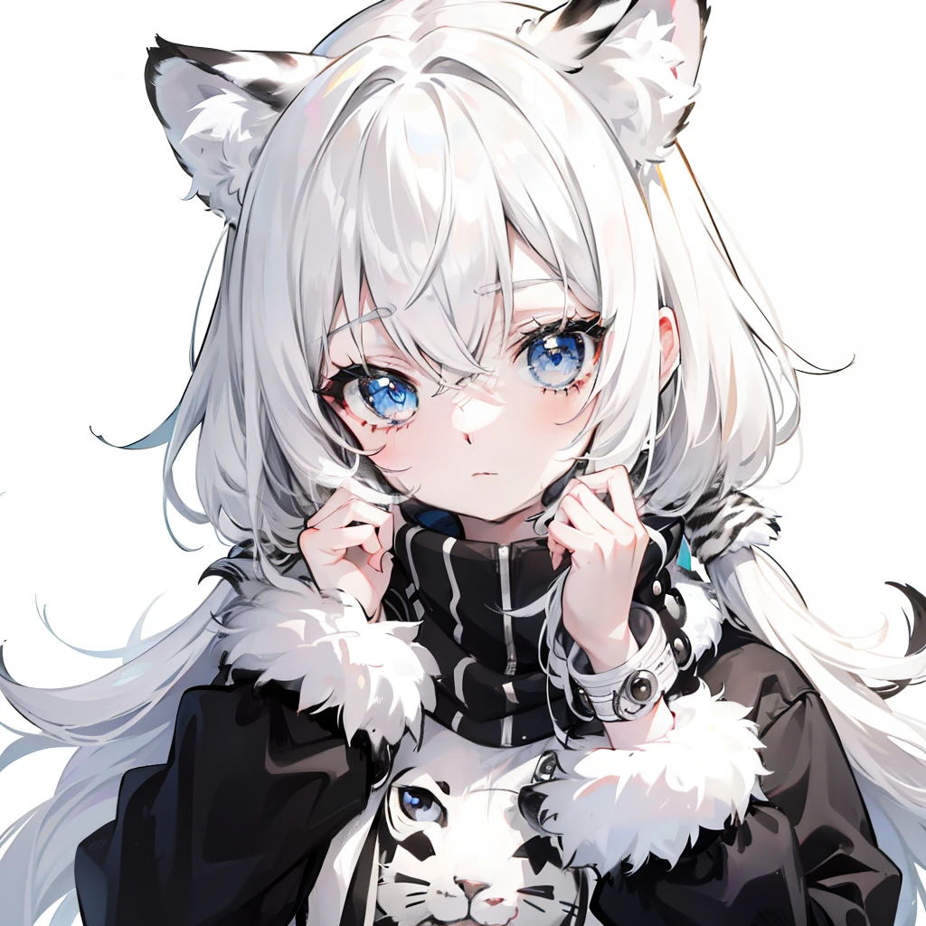 Milky white hair,Black and white white tiger fur sweater,A cute cute girl