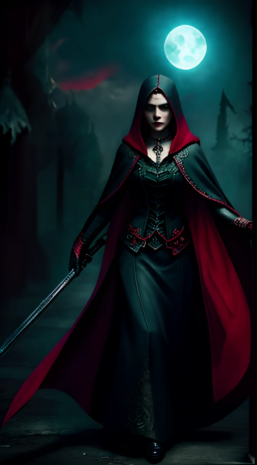 Enchanted vampires, red - eyed,Cloak,Scythe of Death,steampunc, Beautiful, City, concept-art, Drawing, fantasy, 8K, hyper HD, High quality, trending on artstation hq, 8K UHD, Studio quality, Ultra photo realsisim, max detail, massive scale, Post-processing, Realistic, Photorealism, Photoshop, Photography, Ray traching, rendering by octane