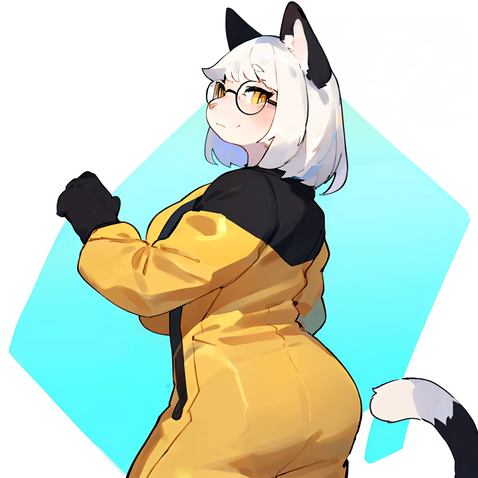by bebebebebe, by goonie-san, by bigcozyorca, by buta99, solo, female, standing, feline, (((detailed eyes, thick black rimmed glasses))), plump, medium hair, ((snout)), tail, tuxedo cat, white hair, ((straight hair, medium hair)), yellow eyes, (cyan and yellow spacesuit)