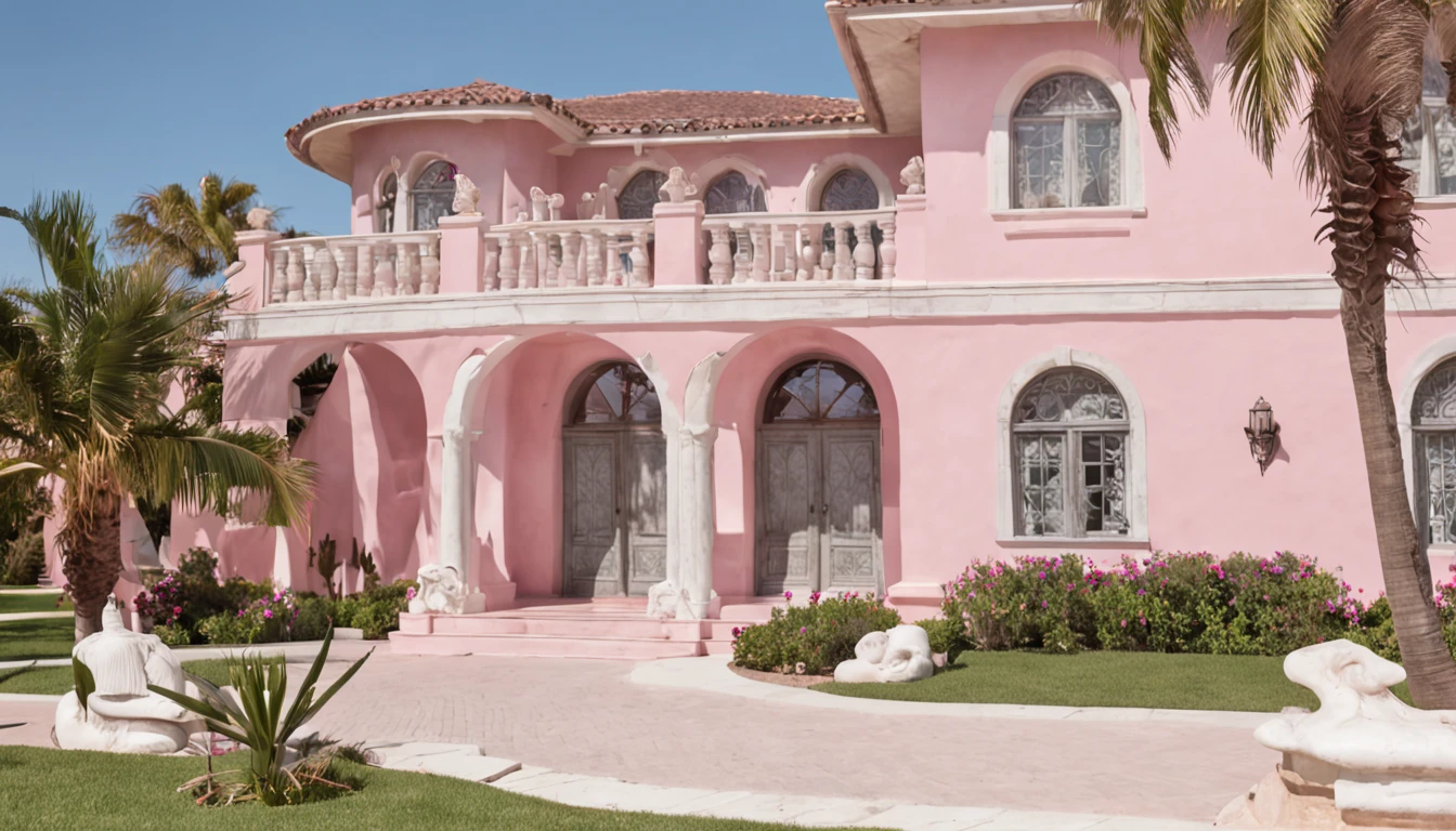 (gran obra de arte, la mejor calidad), ((casa rosa con una puerta y palmeras en el frente)), (mansion), Oceanfront Mansion, Pink marble building, Home of a Florida mansion, Pink outline representation, ((en estilo ultra realista )): 1.4, casa rica, toma de establecimiento realista, tonos rosados, paredes son de color rosa, detalles intrincados,