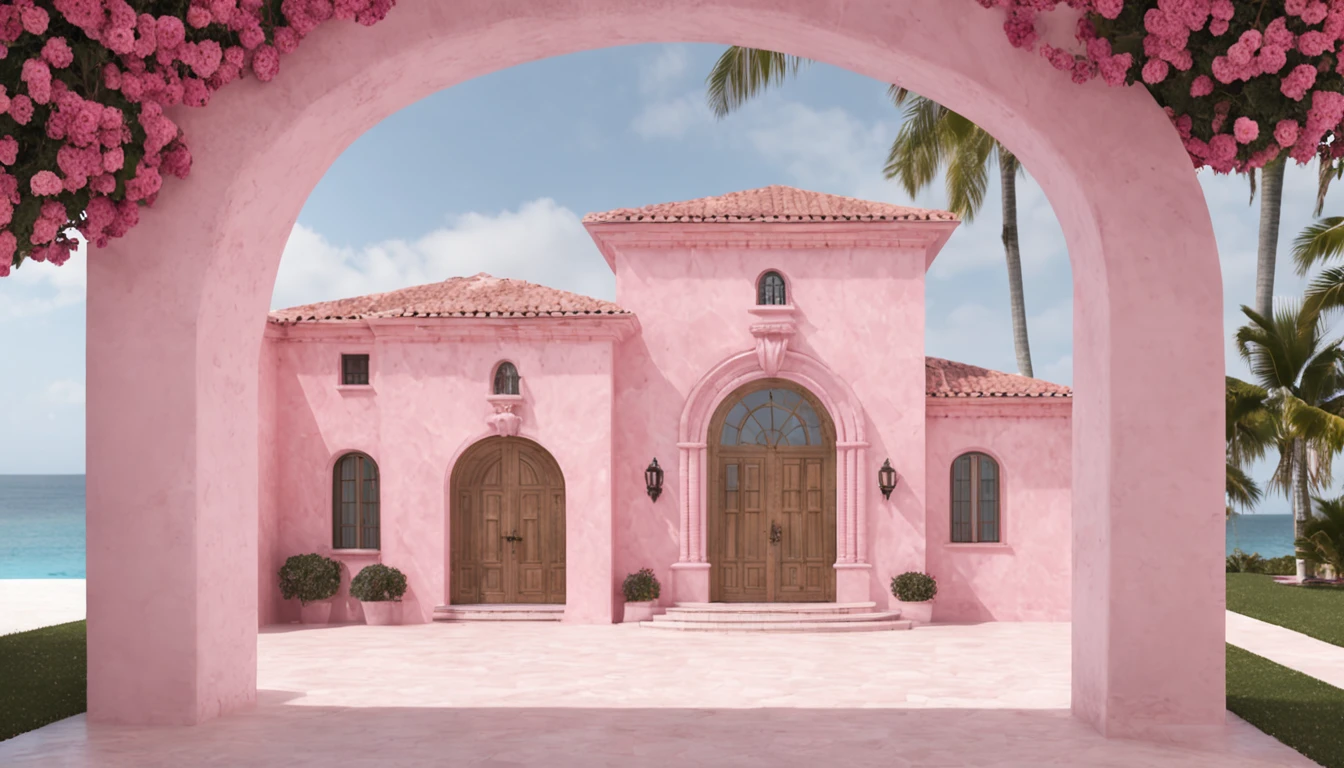 (gran obra de arte, la mejor calidad), ((casa rosa con una puerta y palmeras en el frente)), (mansion), Oceanfront Mansion, Pink marble building, Home of a Florida mansion, Pink outline representation, ((en estilo ultra realista )): 1.4, casa rica, toma de establecimiento realista, tonos rosados, paredes son de color rosa, detalles intrincados,