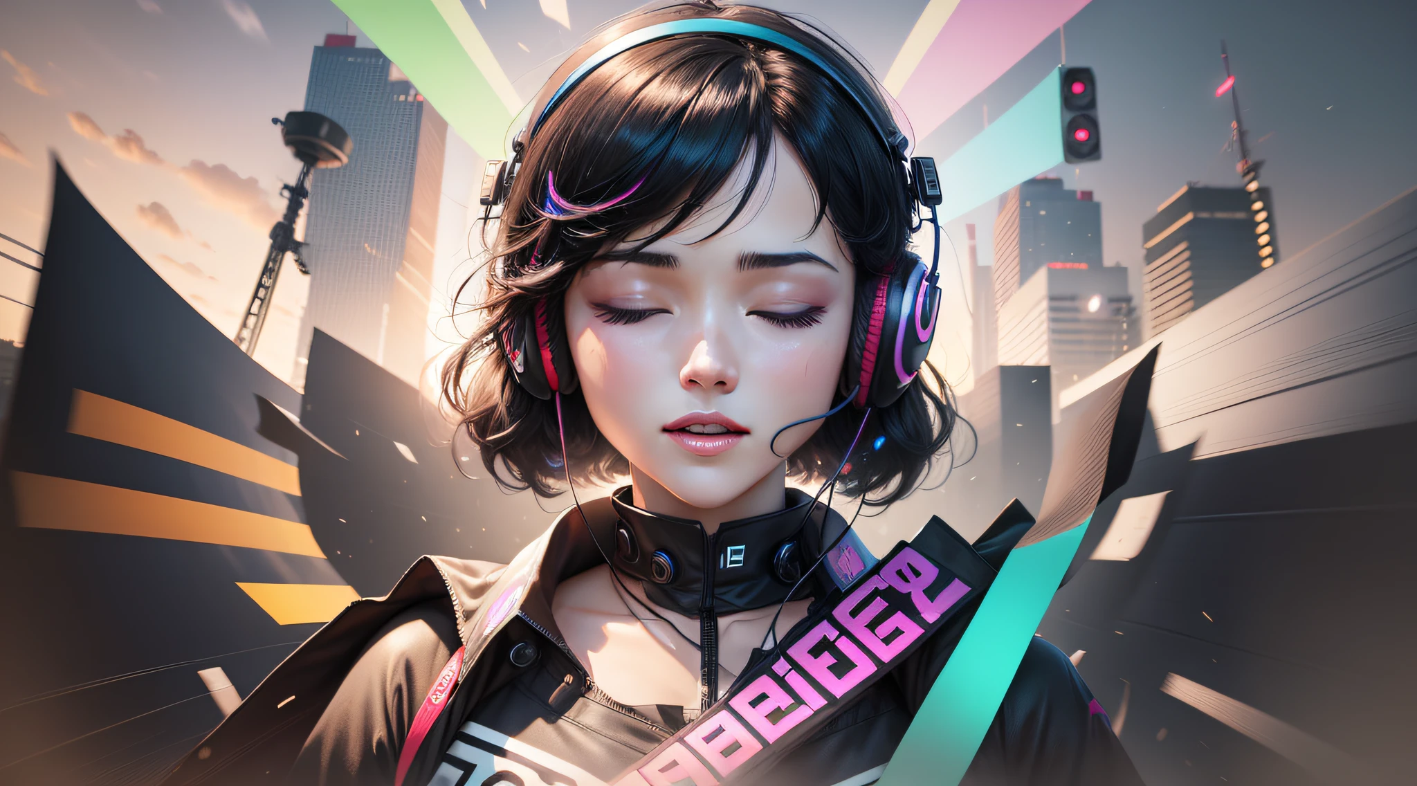 Woman with peace sense headset，closing her eyes，beauitful face，RGB color，Anime black hair，YouTube video banner，happy girls，RGB color cloud，Bright RGB colors。black color hair，