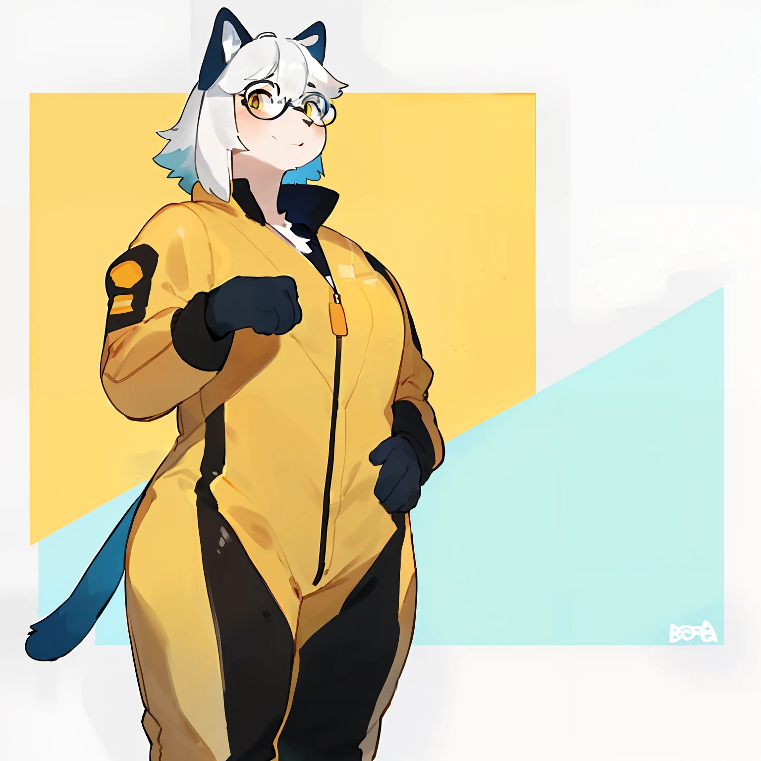 blazblue, furry cat female, big eyes ,gigantic butt ,thighs ,UP hood Coat , BLUE pupils , solo , legwear ,faceless female