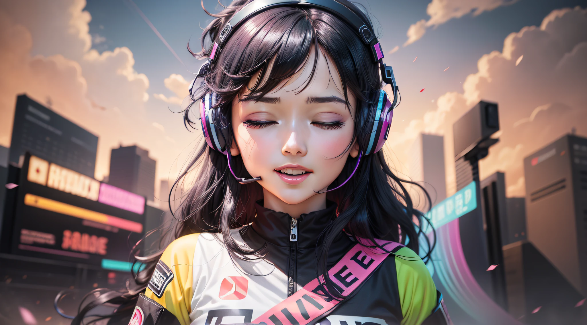 Woman with peace sense headset,closing her eyes,beauitful face,RGB color,Anime black hair,YouTube video banner,happy girls,RGB color cloud,Bright RGB colors。black color hair,