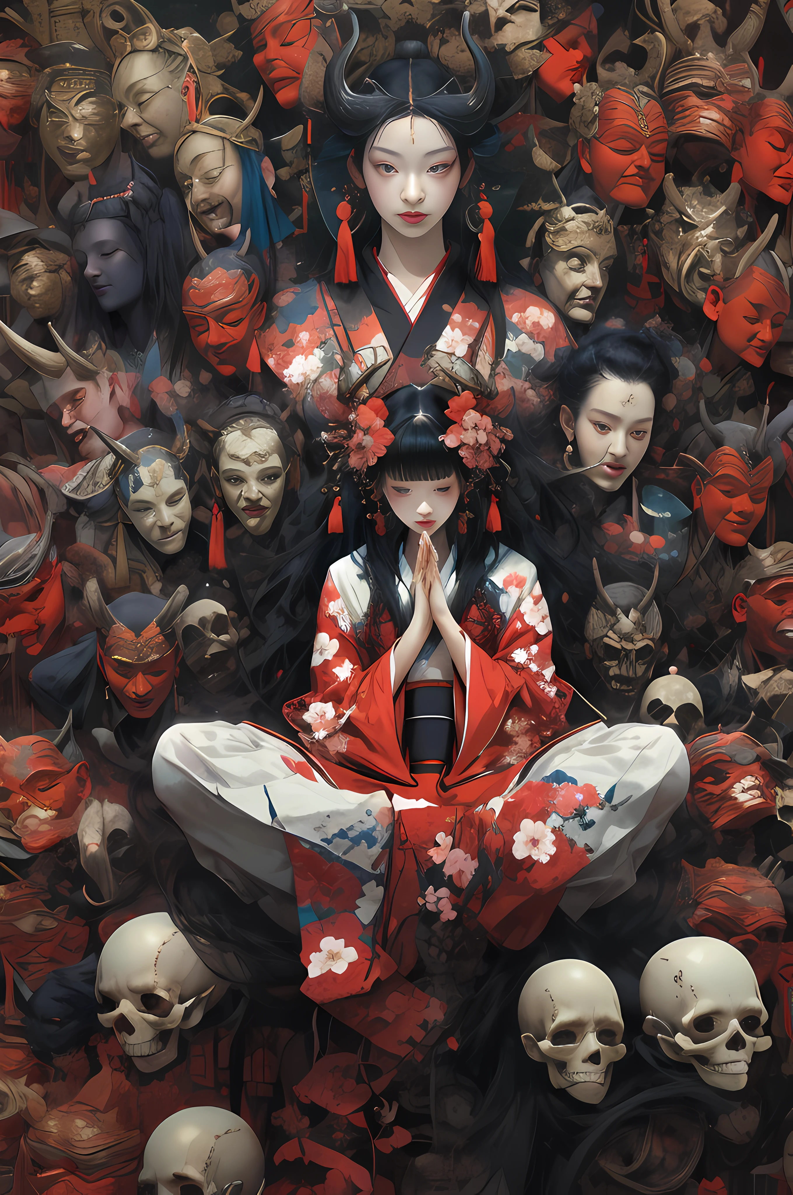 (masterpiece:1.2), best quality,PIXIV,
black hair, japanese clothes, floral print, 1girl, hair ornament, horns, sitting, looking at viewer, flower, kimono, blue eyes, hair flower, earrings, long hair, haori, jewelry, own hands together, tassel, wide sleeves, red eyes, closed mouth, long sleeves, print kimono, black kimono, hakama, bangs, smile
<lora:thousand faces_20230729115837-000018:1>