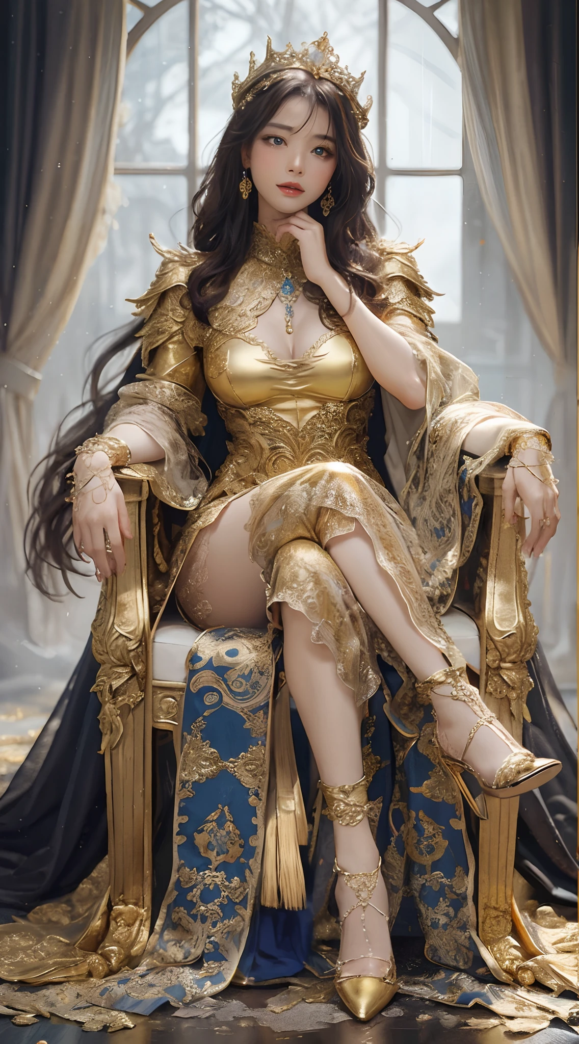 Golden embroidery on blue background、shadowy、top-quality