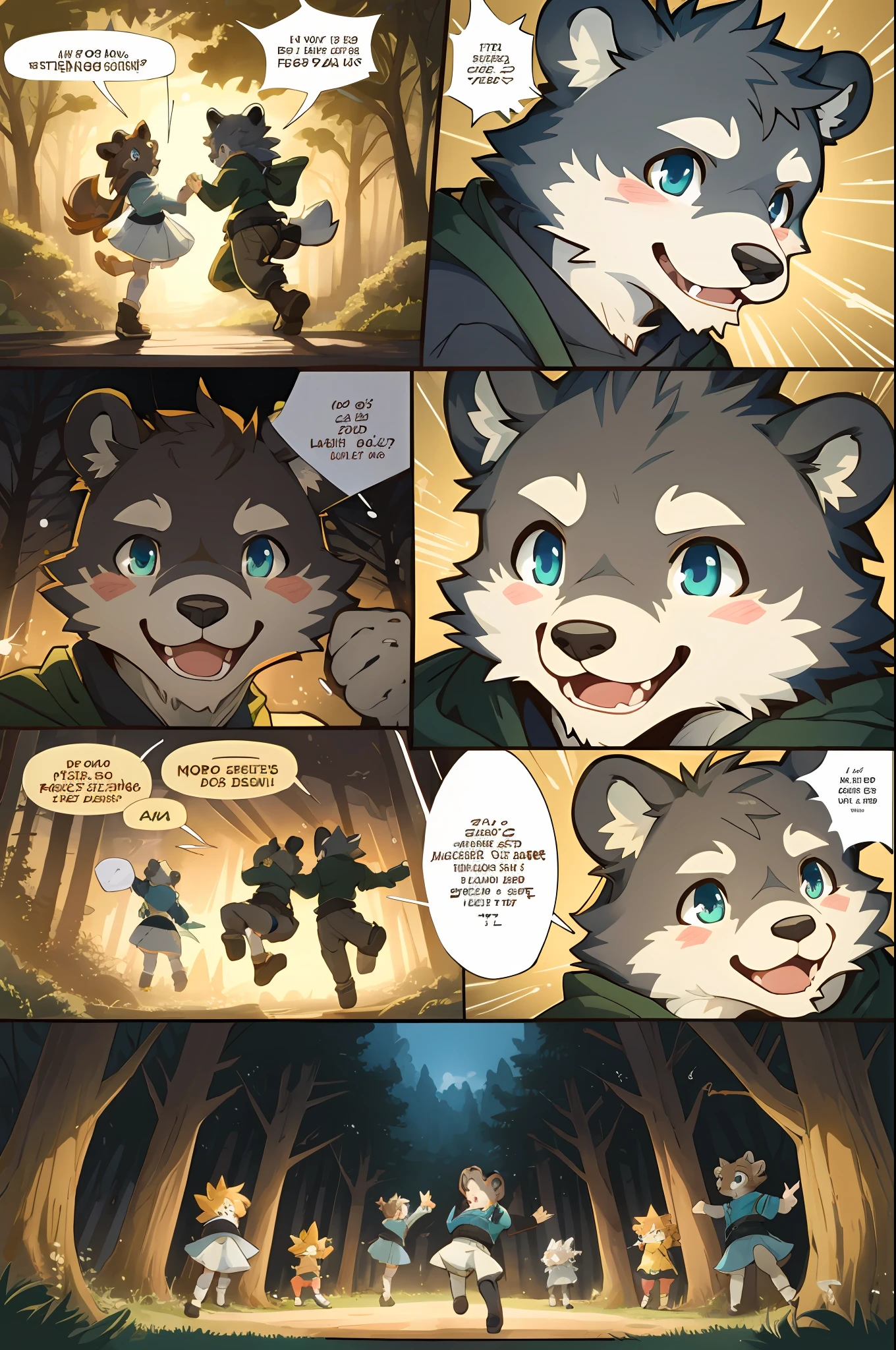 top quality, best quality, highres, masterpiece, super high resolution, detailed background, forest(super cute 1girl, bear, pair)singing, dancing, waltz, 6+boys, 6+girls, absurdres(highly detailed beautiful face and eyes)perfect anatomy, good lighting, cinematic shadow(kemono, furry anthro)assorted expressions, assorted poses, assorted angles, full body, upper shot, dynamic angle(girls comic-like panel layouts, speech balloon, English text, Hand-drawn sound effects stickers used in girls comic),