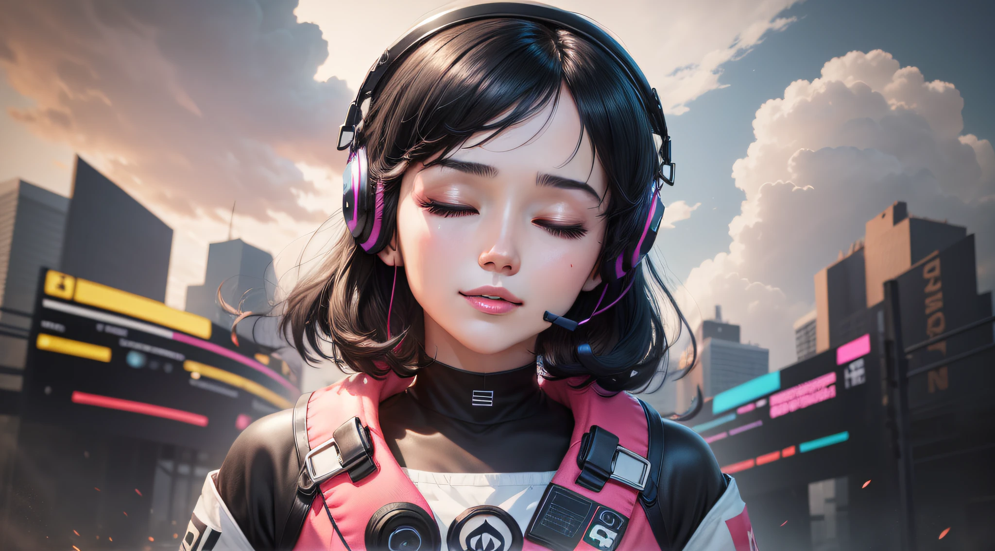 Woman with peace sense headset,closing her eyes,beauitful face,RGB color,Anime black hair,YouTube video banner,happy girls,RGB color cloud,Bright RGB colors。black color hair,