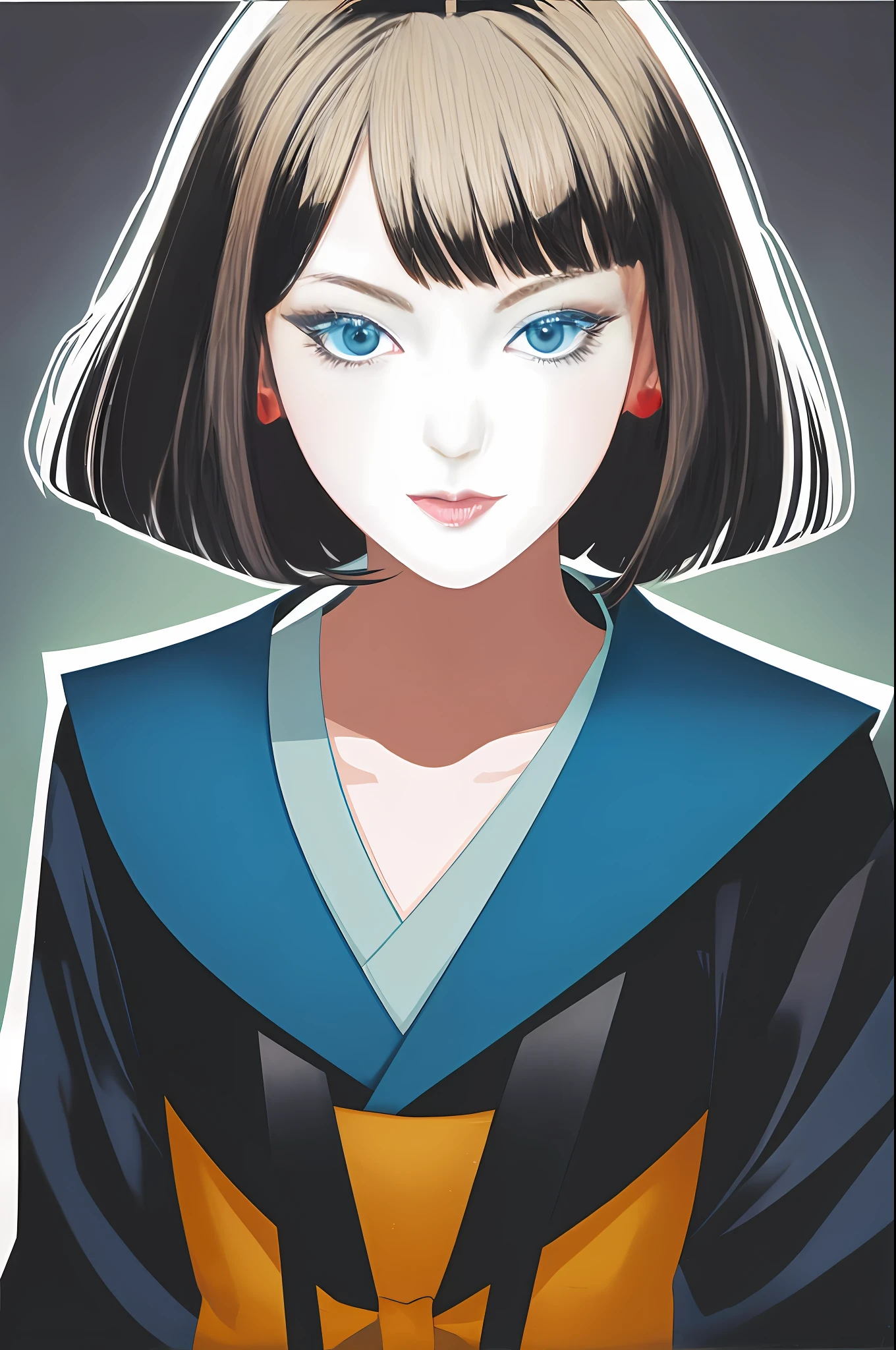 1girl in, Vector art, flat-colors, pop-art, A dark-haired, bob cuts, Full body, lofi color, (Hiperov), (masutepiece,Best Quality:1.5)