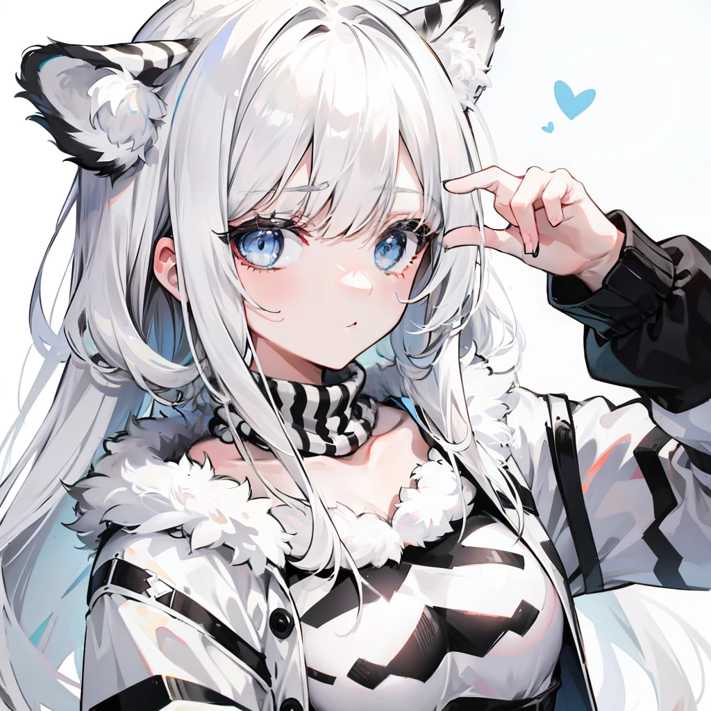 Milky white hair，Black and white white tiger fur sweater，A cute cute girl