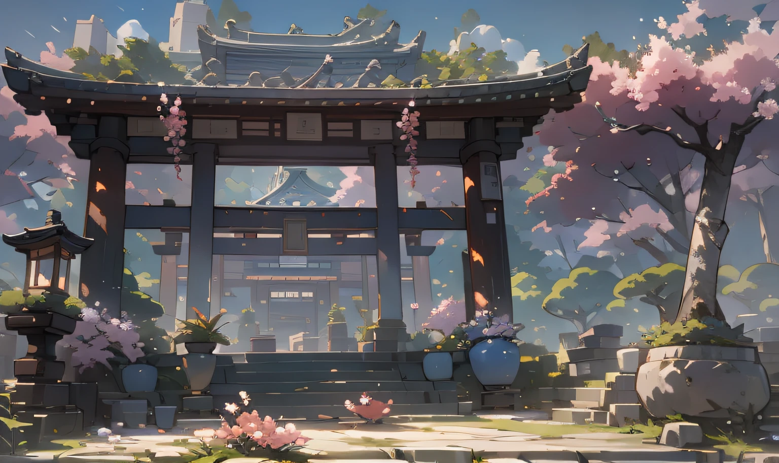 （Microlandscape：1.8，Faraway view，High viewing angle lens），（best qualtiy），tmasterpiece，Hyper-detailing，best qualityer，8K，Antique game scene design，View of Gangnam Town，Streets crisscross the streets，big trees，florals，Flowers in the bushes，Trees bloom，Sakura architecture，Antique carved door beams，naturey，scenecy，exteriors，In the daytime，Skysky，blue-sky，（Very detailed CG unified 8k wallpaper），Ray traching。
