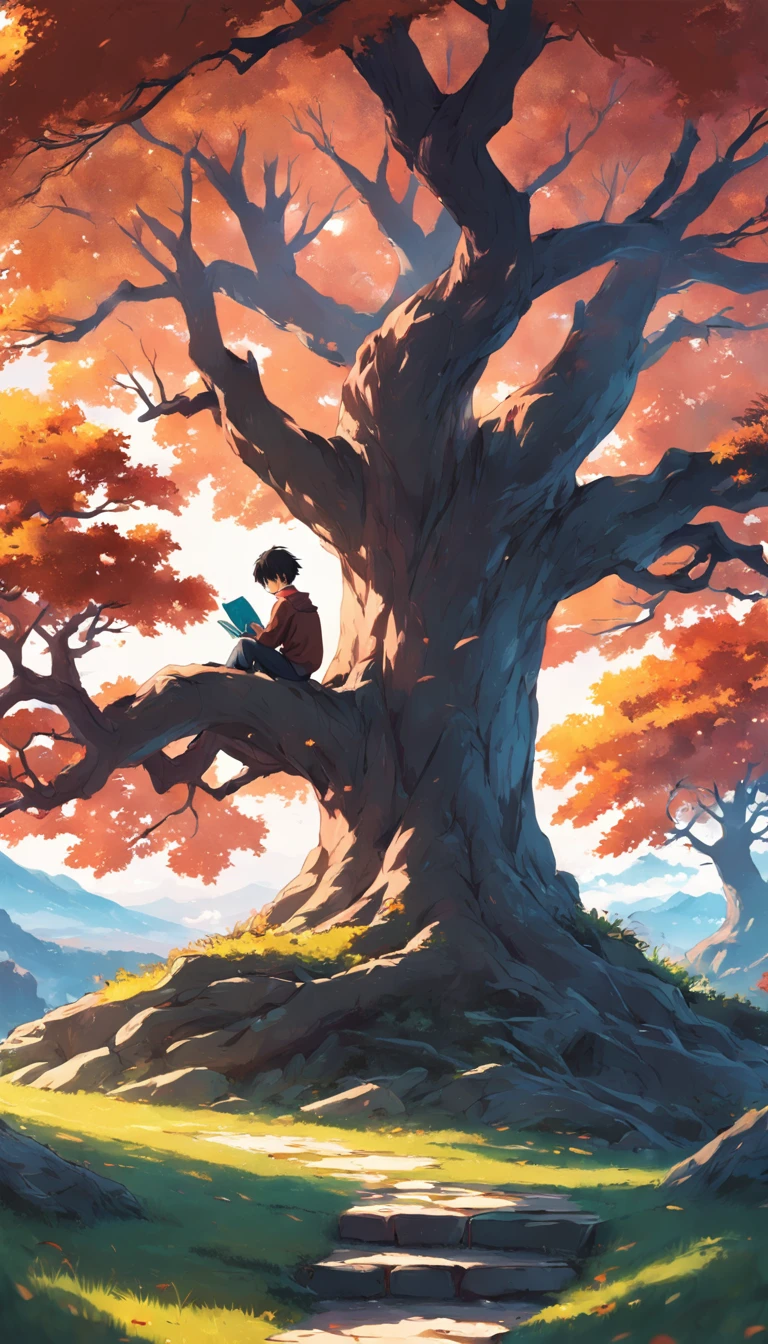 a boy under a tree reading a book, sharp landscape, 8k, nice pixart guy,