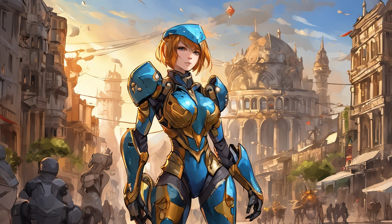 Just a beautiful woman, wearing mecha+medieval armor+black Samus Aran costume with golden metallic parts, blue hair, extremely short hair, hair with bangs in front of the eyes, helmet on the head, looking at the viewer, (((extroverted pose interacting and leaning on something)))), in a city, vehicles, machines, monsters, large structures, background of beautiful landscape with the sunset, ((full body):1.5) ,((Super Metroid)), 16k, UHD, best possible quality, ((ultra detailed):1), best possible resolution, Unreal Engine 5, professional photography, perfect_hands, Sublime, Clockpunk, Artwork, massive scale, textured, Hi-fi, Tapestry, chintzy colors, Unworldly, glowing radioactively lighting, Ultra-realistic, highly detailed, PBR materials, Unity engine, volumetric lighting, 8k