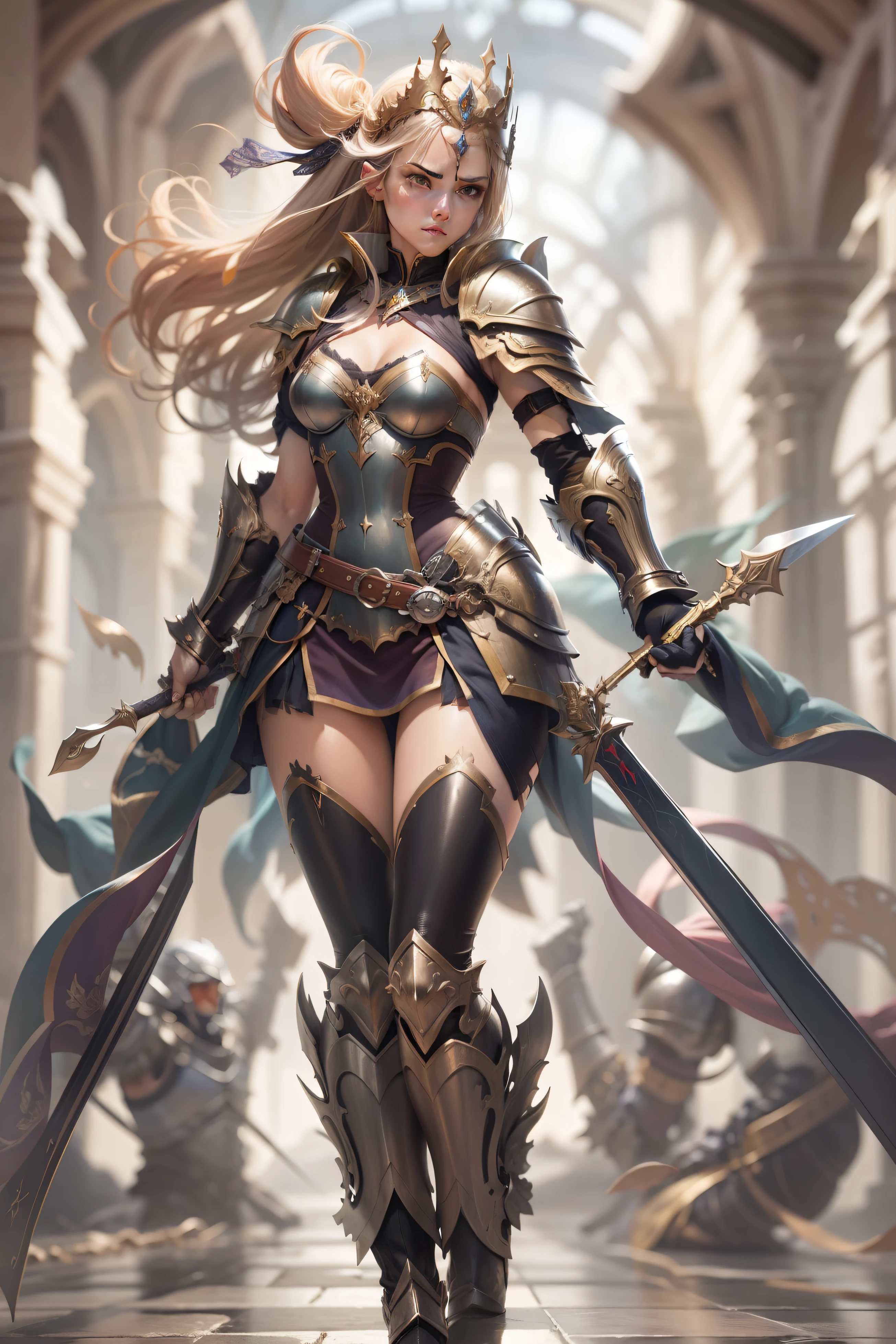 female character two swords fantasy body armor fighter queen fantasy background action pose more serious armor royal face full body armor two swords