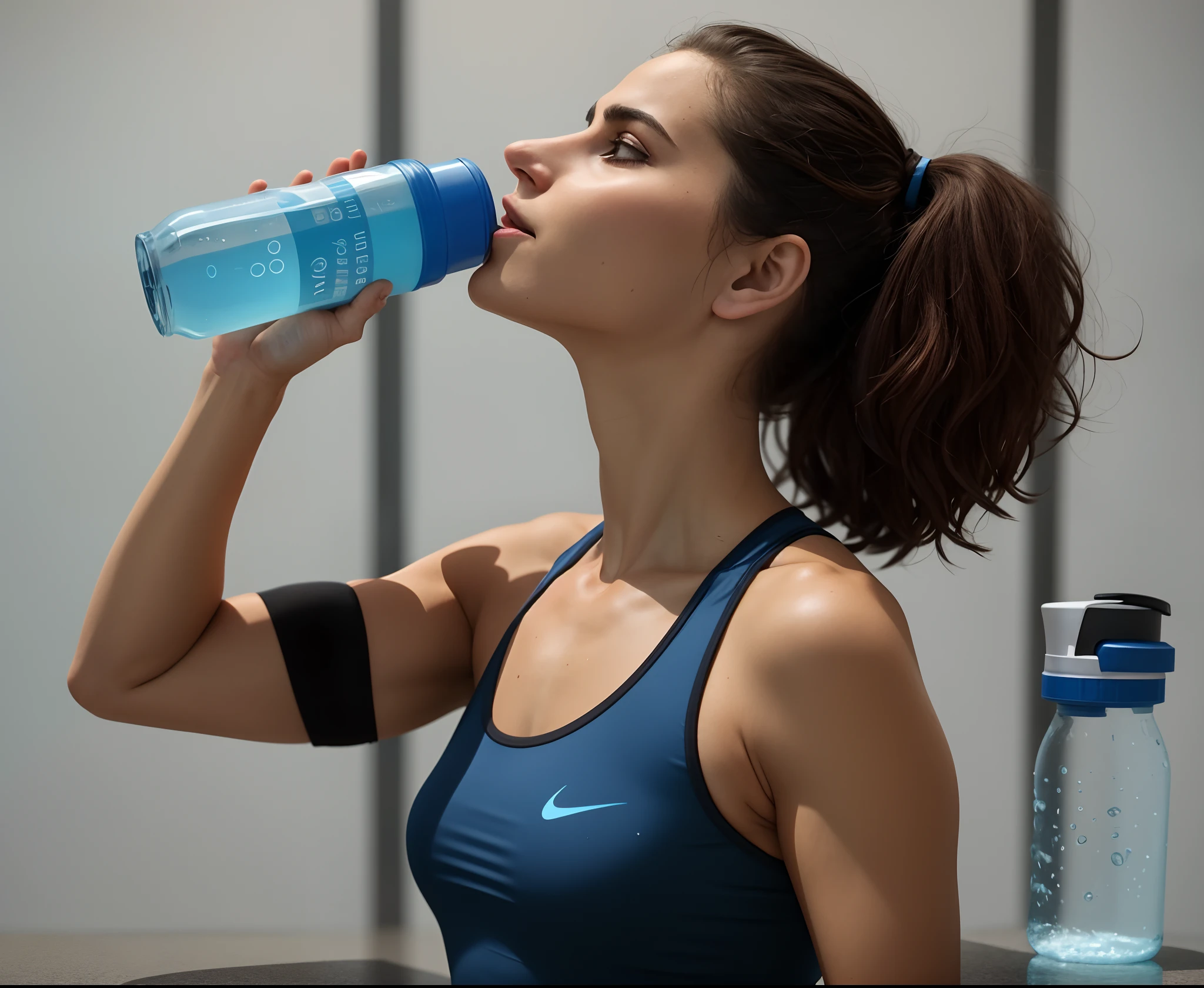 There's a beautiful woman drinking water from a blue bottle, hydration, transhumanist hydration, mulher em forma, em forma, muita sede, water to waist, malhar, athletic muscle tone, suando intensamente, water bottels, peacefully drinking river water, segurando uma garrafa, muito suado, em um fundo escuro, energia transbordante, suando profusamente, usando equipamento de fitness