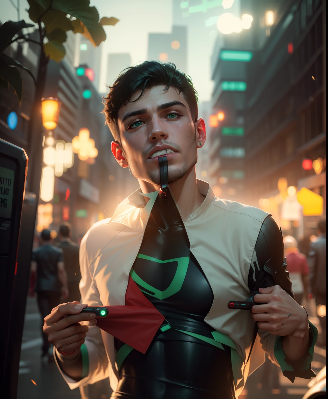 Change background cyberpunk handsome boy, realisticface,8k, ultra realistic background light green and red and car allso