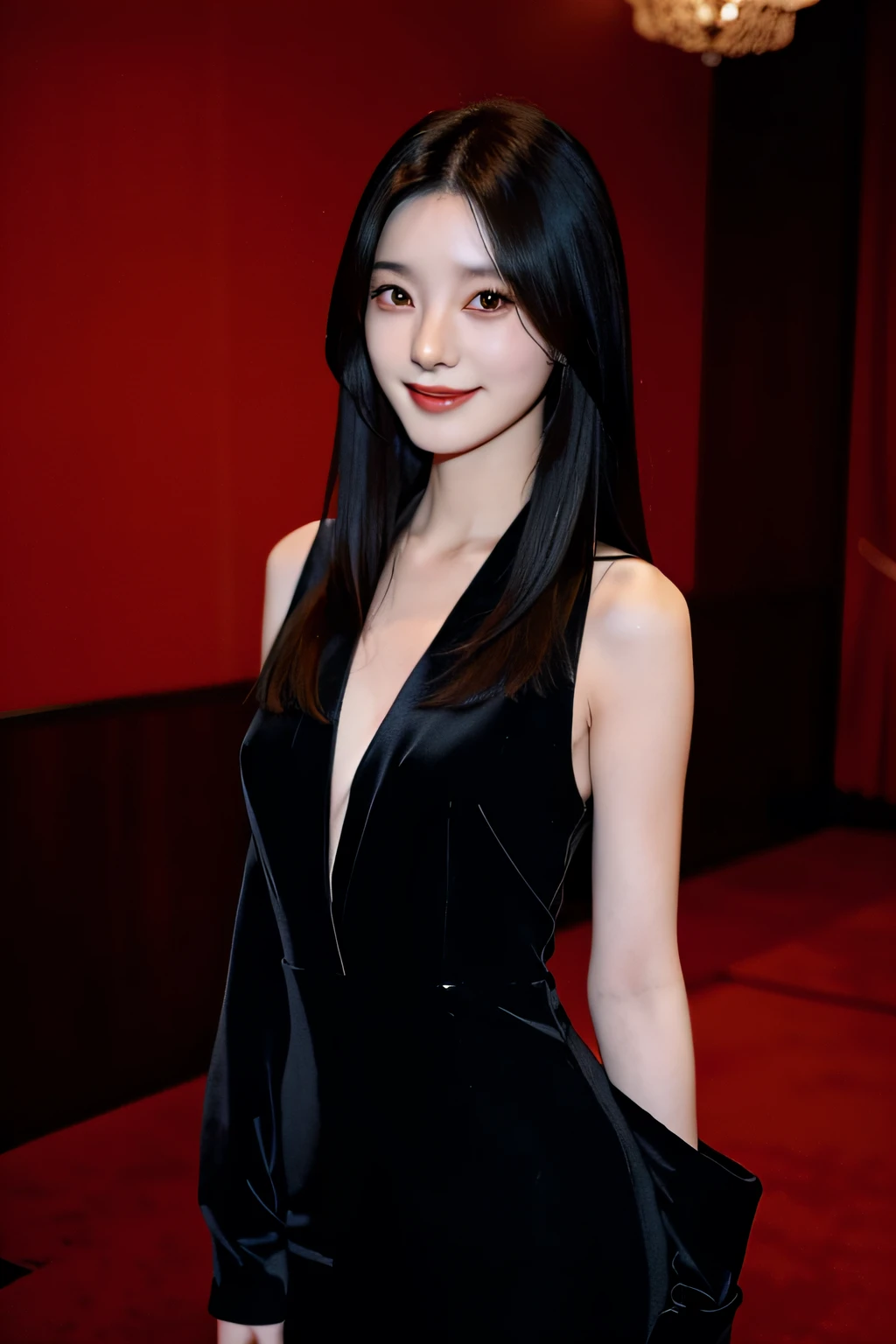 Beautiful Japan woman with long straight black hair、She is a beautiful woman with outstanding style with a height of 165 cm.。She has cat eyes、Wearing a glamorous party dress。Seeing her smile brilliantly、Generate an image of a glamorous party venue in the background。