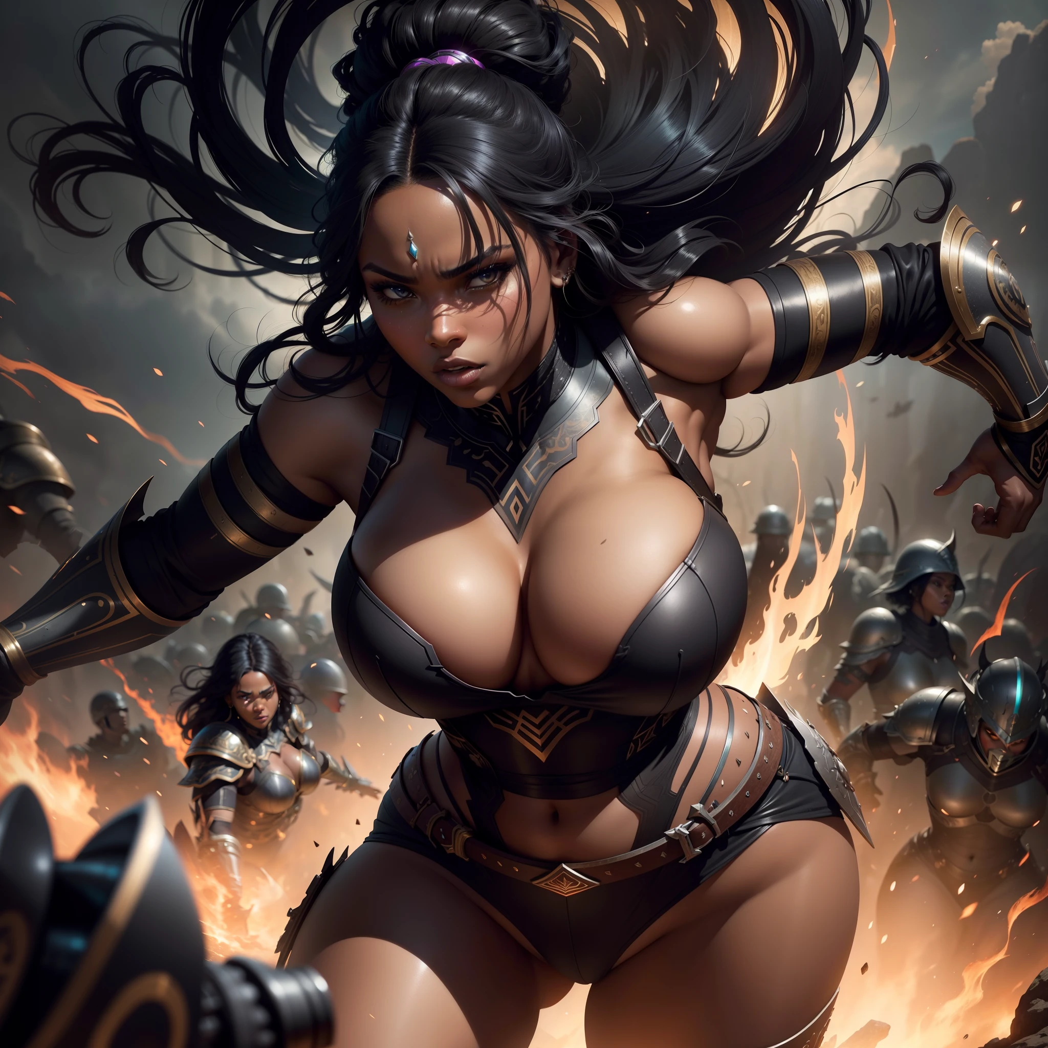 Beautiful black curvy warrior woman in battle with her army beside her, fierce and brave, with iridescent light, highly detailed images, vibrant beautiful colours, photorealistic image, 8k, ultra HD, unreal engine rendered, cinematic lighting, artgerm style,