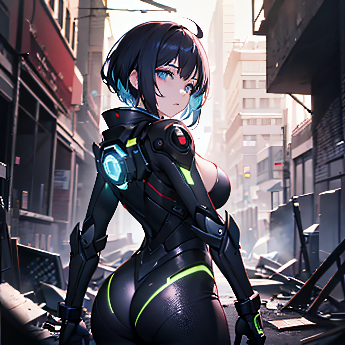 ((Best Quality)), (Masterpiece)), (High Definition:1.3), 3D,Shitsumeka, Beautiful cyberpunk woman with mech in the ruins of abandoned war city,backview,turn around,sexy,cool,night,dark city,broken glass,black hair,short hair,mesh hair,detailed eyes,blue eyes,beautiful eyes,ancient technology,HDR (high dynamic range),ray tracing, NVIDIA RTX, Super Resolution, Unreal 5, Subsurface Scattering, PBR Texturing, Post-Processing, Anisotropic Filtering, Depth of Field, Maximum Clarity and Sharpness, Multilayer Textures, Albedo and Specular Maps, Surface Shading, Accurate Simulation of Light-Material Interactions, Perfect Proportions, octane rendering, two-tone lighting, low ISO, rule of thirds, wide aperture, 8K raw, efficient subpixel, subpixel convolution, luminescent particles, light scattering, tyndall phenomenon,