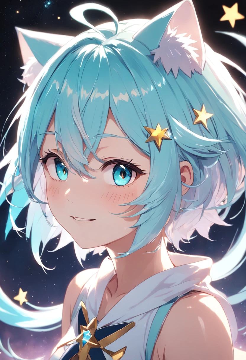 Shota, starrysky, streaked hair, white hair, colored inner hair, ahoge, short hair, shiny hair, expressive hair, star hair ornament, star hair ornament, star hair ornament, aqua eyes, gradient eyes, cat ears, light smile, high detail, Cubism, anime, anime style, cinematic lighting, sparkle, ray tracing, glowing light, bloom, drop shadow, tachi-e, pov, Eye-Level Shot, UHD, retina, masterpiece, ccurate, anatomically correct, textured skin, super detail, high details, high quality, award winning, best quality, highres, 4K