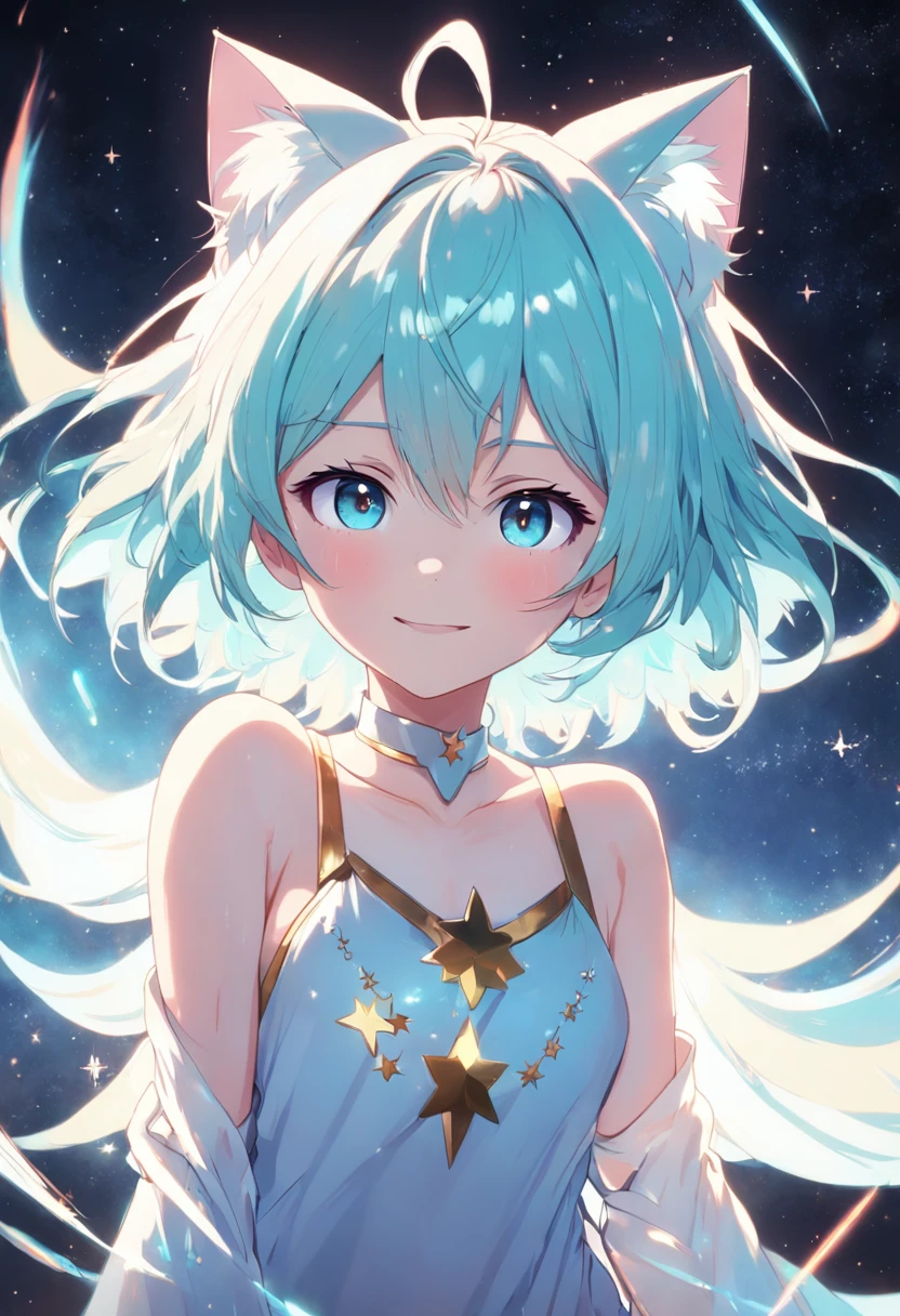 Shota, starrysky, streaked hair, white hair, colored inner hair, ahoge, short hair, shiny hair, expressive hair, star hair ornament, star hair ornament, star hair ornament, aqua eyes, gradient eyes, cat ears, light smile, high detail, Cubism, anime, anime style, cinematic lighting, sparkle, ray tracing, glowing light, bloom, drop shadow, tachi-e, pov, Eye-Level Shot, UHD, retina, masterpiece, ccurate, anatomically correct, textured skin, super detail, high details, high quality, award winning, best quality, highres, 4K