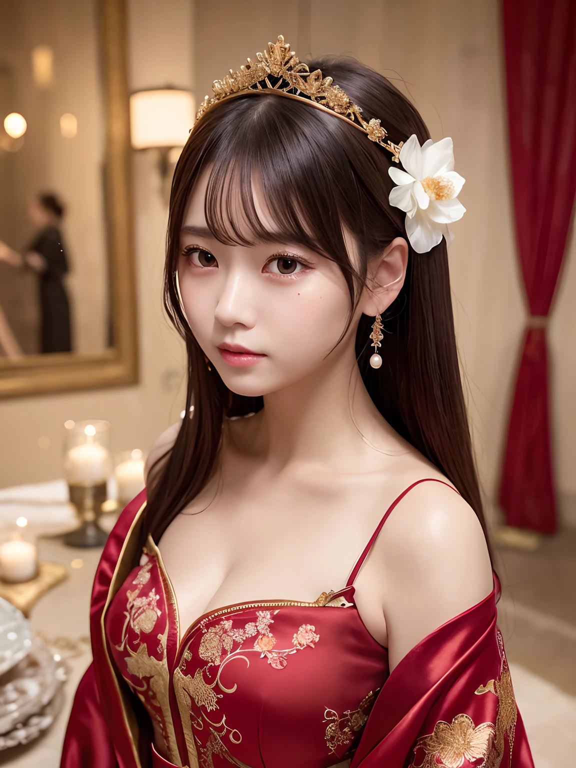 Portrait of Figures, Ancient China, Oriental Women, Tang Style, Double Happiness Background, Wedding Room, Cave Room, Costume Bride, Red Wedding Dress, Red Han Dress, Phoenix Crown Xia Curtain, Hair Coiled, Full of Pearls, Flower Hair Between Eyebrows, Red Candle, Candlelight Illuminates the Room, Best Quality, Original, Very Detailed Masterpiece, Very Detailed CG, Delicate Face, Delicate Robe with Large Sleeves, Divinity, Masterpiece, Delicate Face, Crying, Sadness, Loneliness, Tears, 4K Quality, Girl, Hanfu, Black Hair, Bun, Hair Ornaments, jewelry, delicate face, red clothes, golden patterns, phoenix crown veil, red wedding dress, newlyweds, festive, delicate skin, soft light effect, delicate and smooth hair, exquisite details, eye highlights, fair skin, fine portrayal, extreme details, cinematic quality, charming, thin, cute, slender, well-behaved, shy, black eyes, indoors, candles, candlelight, romantic, warm, (crying: 1.5), (crying)))), (((tears))), tsurime, makeup, sad, depressed, sulking, sobbing, lonely, disappointed, crying, tearing up, tears, tears, tears, tears, Surrealism, ray tracing, UHD, high details, super detail, highres, 8k, high quality, high details, textured skin, ccurate, anatomically correct, best quality, highres, high quality, textured skin, high details, anatomically correct, super detail, anatomically correct, anatomically correct