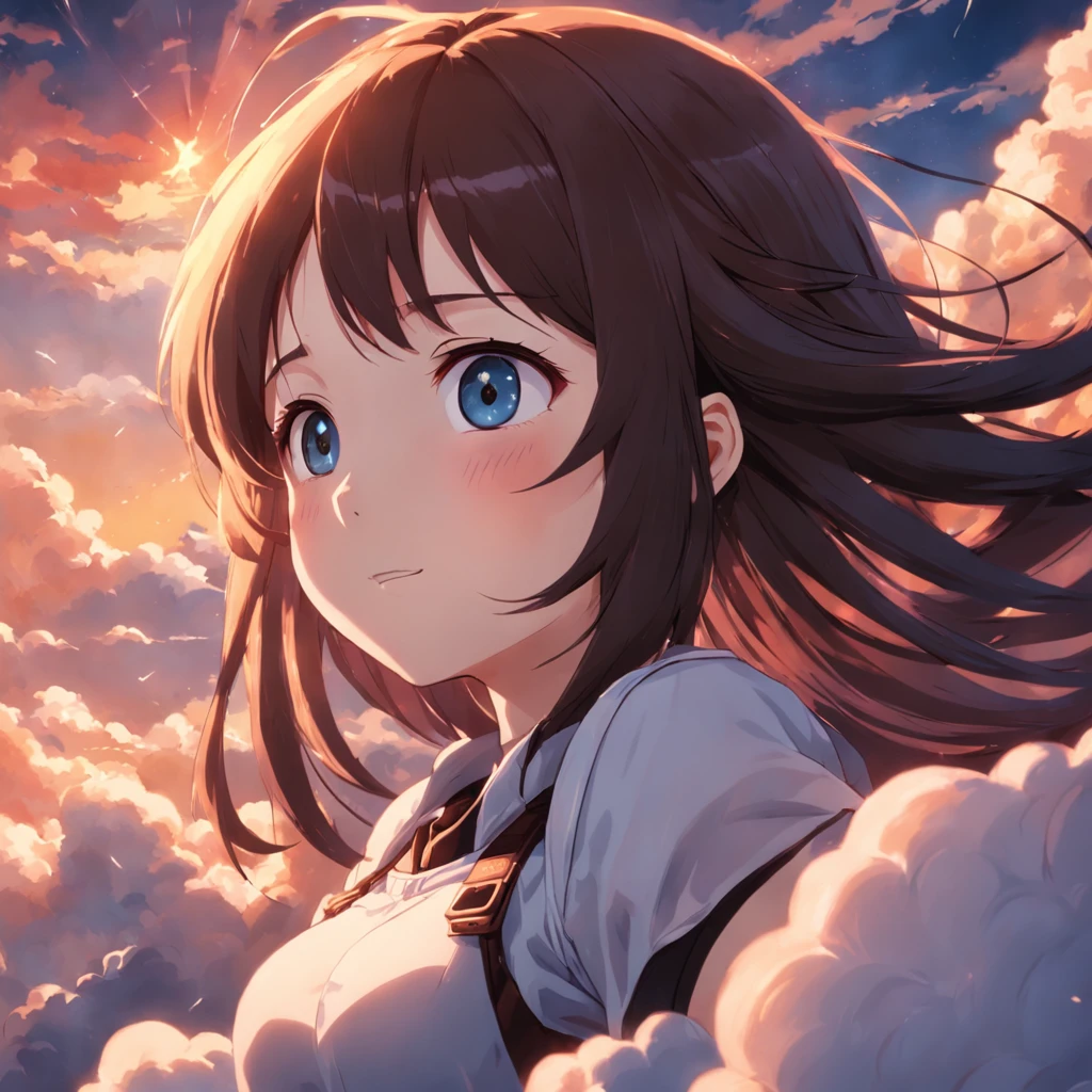 Tifa Lockhart, masterpiece, best quality, movie still, 1girl, cloud girl, floating in the sky, close-up, bright, happy, warm soft lighting, sunset, (sparks:0.7)