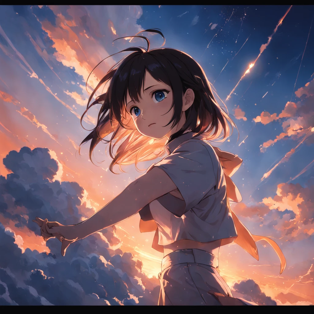 Tifa Lockhart, masterpiece, best quality, movie still, 1girl, cloud girl, floating in the sky, close-up, bright, happy, warm soft lighting, sunset, (sparks:0.7)