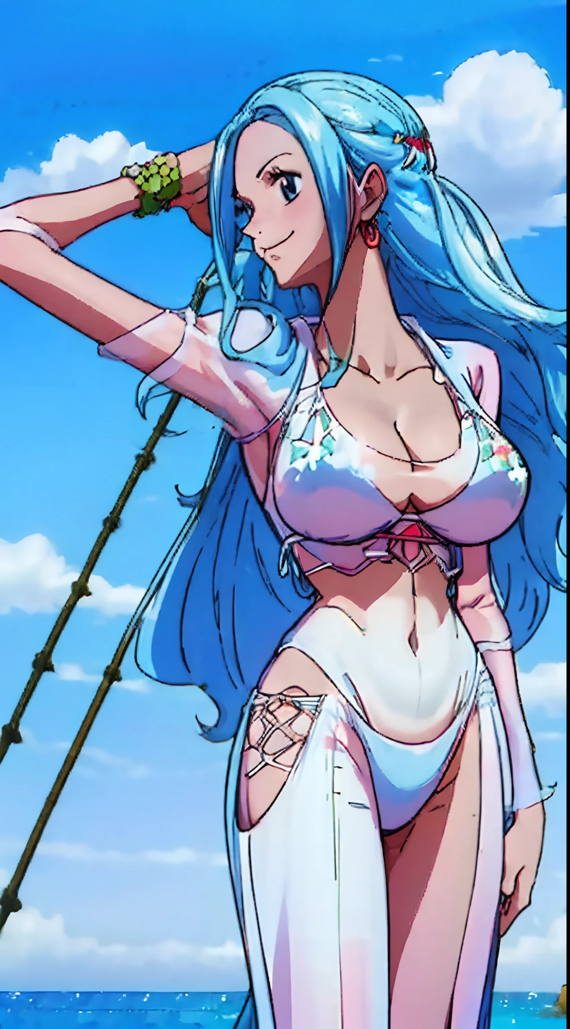 "(Rosa Bikini + Perfekte Proportionen + big boobs), see-through white t-shirt, Strandszene. perfect hands, nicht mehr als 2 Arme."