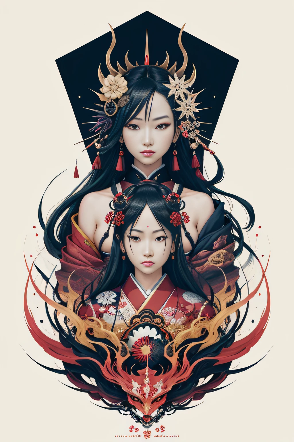 Explosive, otherworldly painting of a shape-shifting deity adorned with chaotic Sengoku Jidai motifs and omnipresent, piercing eyes, a breathtaking amalgamation of fine art and captivating photo collage, mesmerizing poster design:: their appearance exuded the enigmatic allure of Japanese minimalism fused with cosmic chaos:: --ar 9:16 --s 963 --c 9 --q 2 --v 5