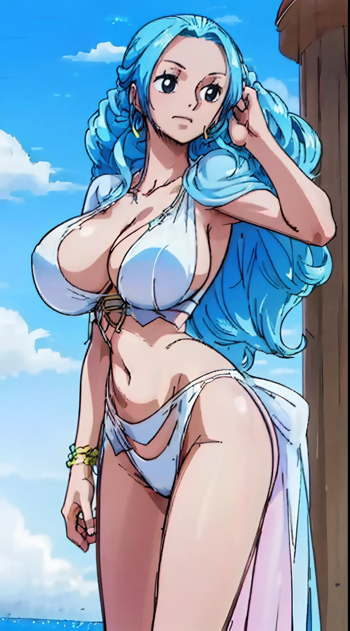 "(Rosa Bikini + Perfekte Proportionen + big boobs), see-through white t-shirt, Strandszene. perfect hands, nicht mehr als 2 Arme."