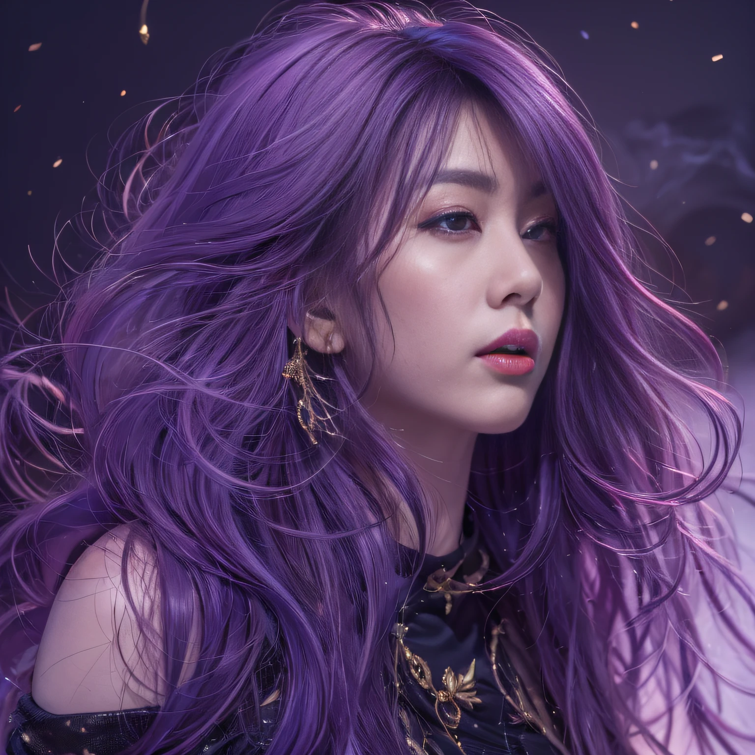 32K(tmasterpiece,k hd,hyper HD,32K)Long flowing bright purple hair,Back basement,zydink, a color, Xuzhou people (Silly girl), (Silk scarf), Combat posture, looking at the ground, long whitr hair, Floating bright purple, Fire cloud pattern gold tiara, Chinese long-sleeved gold silk garment, (abstract ink splash:1.2), smoky background,Lotus protector(realisticlying:1.4),Bright purple hair,Fog on the road,smoke in the background, A high resolution, the detail, RAW photogr, Sharp Re, Nikon D850 Film Stock Photo by Jefferies Lee 4 Kodak Portra 400 Camera F1.6 shots, Rich colors, ultra-realistic vivid textures, Dramatic lighting, Unreal Engine Art Station Trend, cinestir 800,Long flowing bright purple hair,see-through transparent clothes