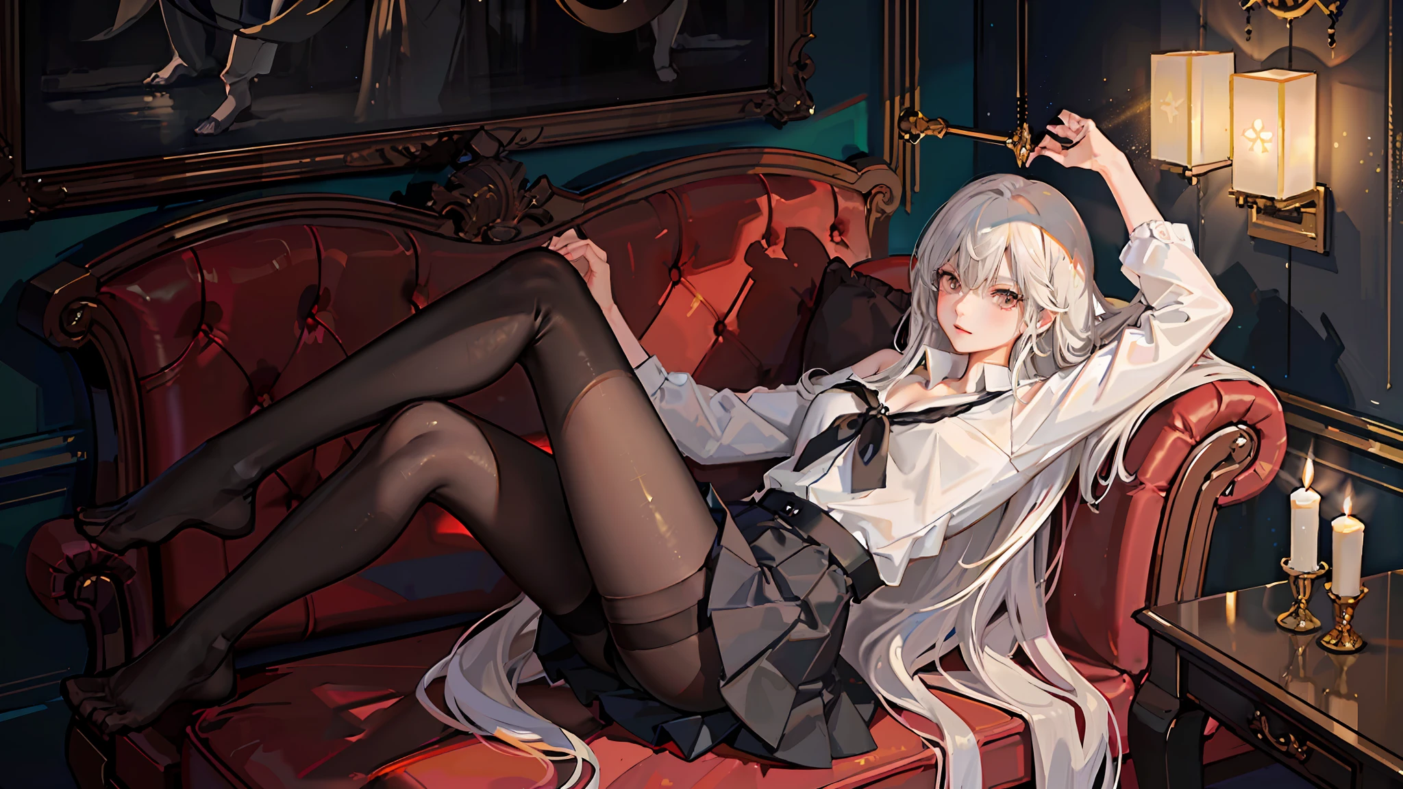 Separated legs，Spread your legs，Raise long legs，Correct limbs，Lying on a black bed，Rose flower，waxy candles，Classical style red wall，Correct limbs，Short shoulder-length white hair，waxy candles，Red bedroom，Black bed，Natural light，窗帘，Ambient(((Half naked anime girl lying on sofa undressing with her hands，，Hands on the upper and lower legs of the naked body，black uniforms，black reotard，Primetime light and shadow black pantyhose)),Ray tracing,(Dim lighting，luz de velas，waxy candles),[Detailed background (Bedroom)),((Silver hair)),((Dark hair)),(((Fluffy silver hair, plump and slender girl)))golden hair，Golden Eyes Avoid seeing golden eyes in an ominous bedroom ((((Girl in white shirt, Take off your black crinkled skirt，Prime hour light and shadow，