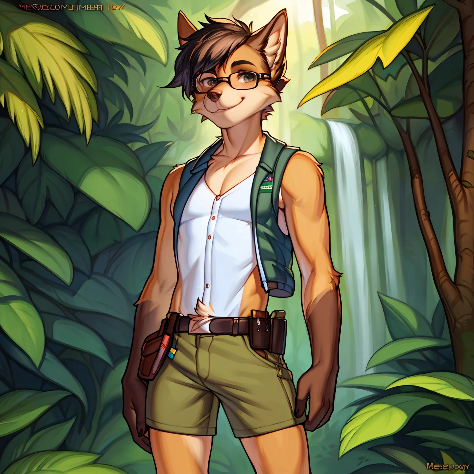 solo, standing, male, ((hair, snout)), canine, by meesh, by chelodoy, by spuydjeks, by vexstacy, smiling, glasses, standing in a rainforest, slim, weak, thin, skinny, tan vest, utility belt, khaki cargo shorts, big black boots,