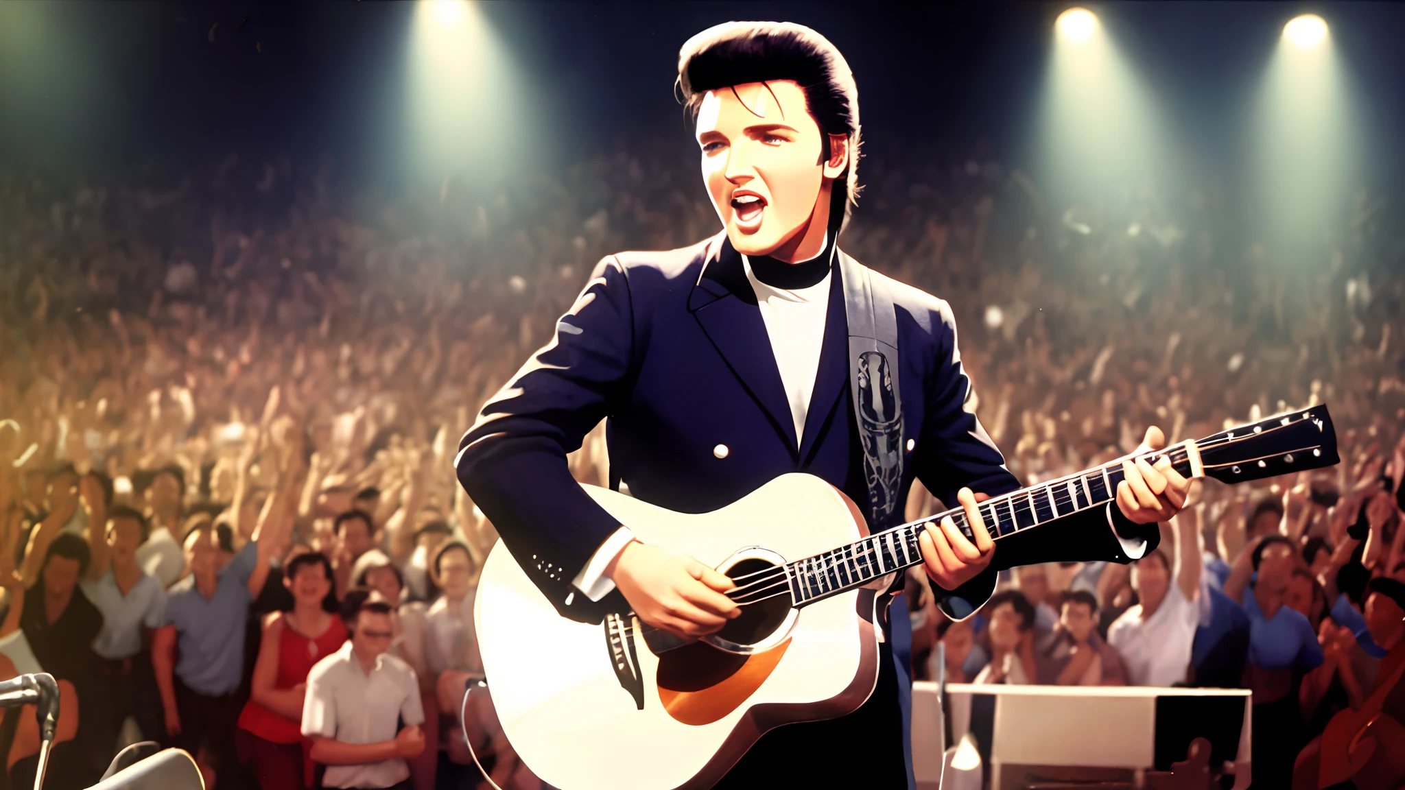 a young Elvis Presley sings on a stage with mic doing his moves, while plays his guitar, and the crowd Goes wild.. --auto --s2