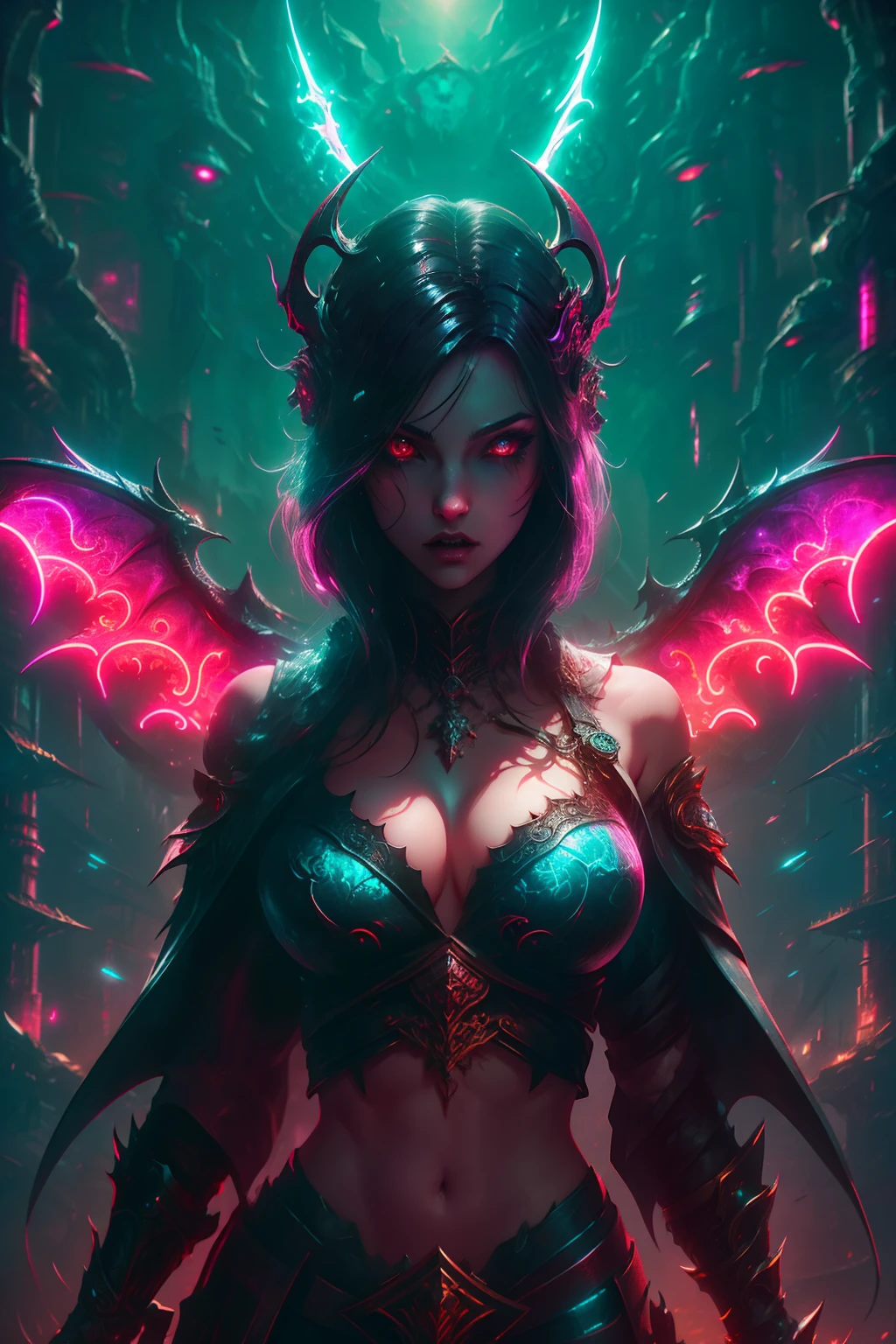 high high quality,Best quality at best,Realiy,Super realistic,super detailing,tmasterpiece,A high resolution,8K,Very realistic,Hellbringers,red - eyed,Meniscus,A close-up of a girl holding a sword and a vampire, Dark black cloak,比基尼,glitchpunk girl,pale milky white porcelain skin, Vampires,Smooth translucent white skin, small thighs,Small waist,Small hips,cropped shoulders,Nice collarbone,ultra-realistic realism,big breasts exposed cleavage,The upper part of the body,,Wear a bikini,Tattooed with,red color eyes,goth style,Demon bat wings,Epic fantasy digital art style,A noble and elegant vampire girl, dan mumford tom bagshaw, dark fantasy style art, Epic fantasy art style, , dark fantasy art style, Epic fantasy art style HD, dark fantasy digital art,"Artistic image type: {Perched on the top of the cybernetic dragon, Vampire Maiden investigates the vast cyber metropolis below. Infused with neon lights, Contrast her technically enhanced body, Embedded LEDs and retractable technology weapons shine. In a striking pose, She seemed ready to act, A fusion of ancient legends and visions of the future}, Excellent location,with city view, (Vibrant neon lighting:1.5), (Digital painting:1.25), (4K:1.2). environment: panoramic view of a city,Bats fly across the skyline."