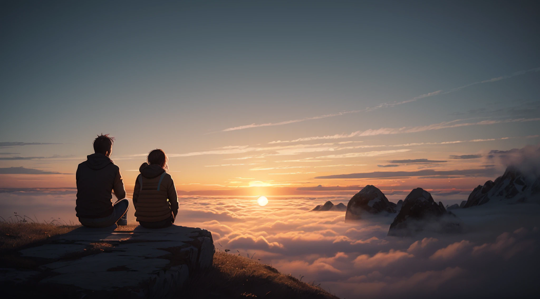 (sunraise:1.5), A couple sitting on the top of a hill, (ultra-detailed:1.5), 32k, cinematic angle, floating, (detailed light), beautifully detailed sky, (lighting particle), fog, snow, (painting), (sketch), lifelike texture, Hires upscale: 1.7, Hires upscaler: 4x_NMKD-Siax_200k, Denoising strength: 0.45, (illustration), cinematic lighting, (bloom), Luminism, silhouette, backlighting, drop shadow, Ultra-Wide Angle