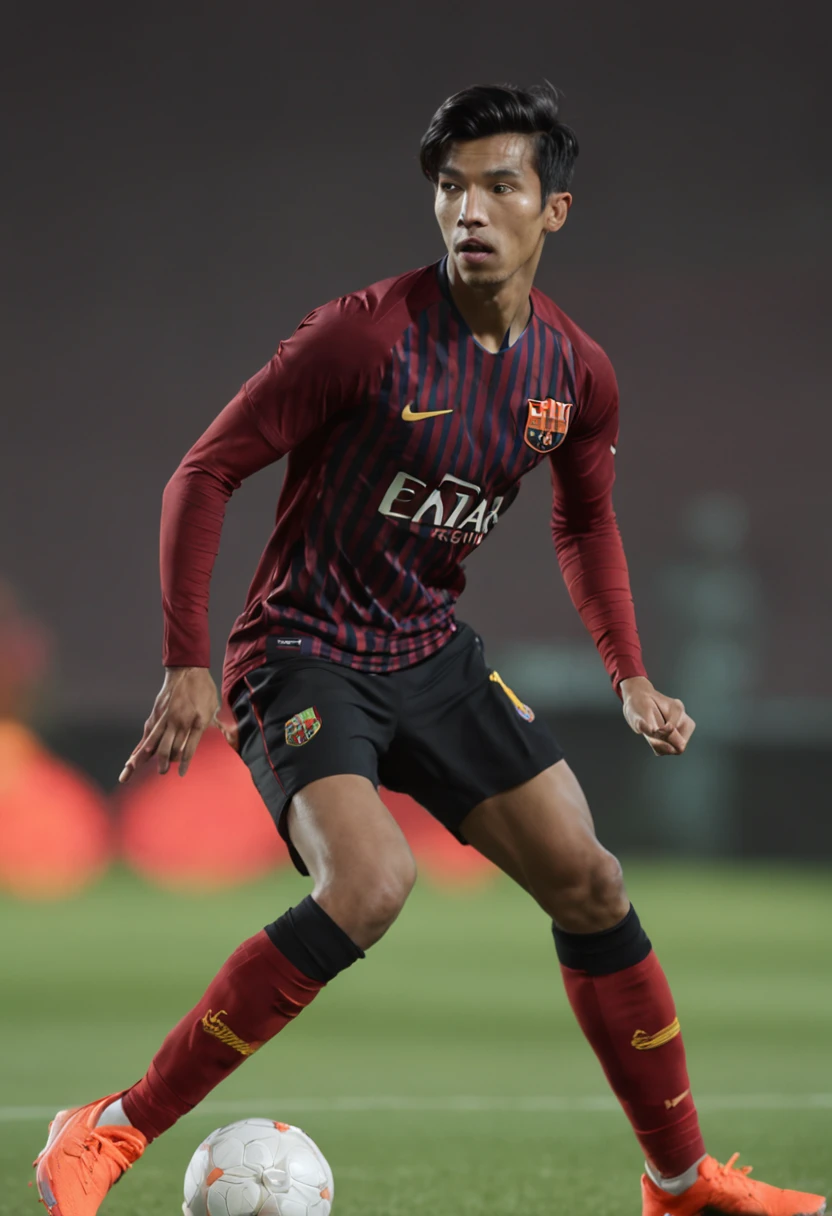 Indonesian footballer. Black medium length hair and no facial hair. wearing barcelona kit. action shot